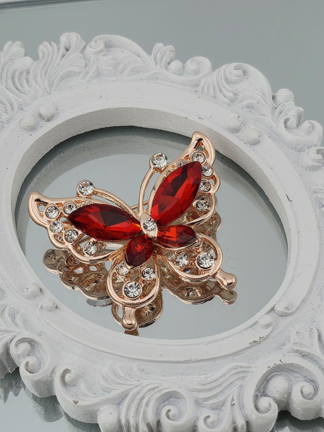 Butterfly Pendant: Ruby Red Gemstone - Gold Tone Finish | Handmade Pin | Jacket Scarf Hat Accessory | Gift Idea