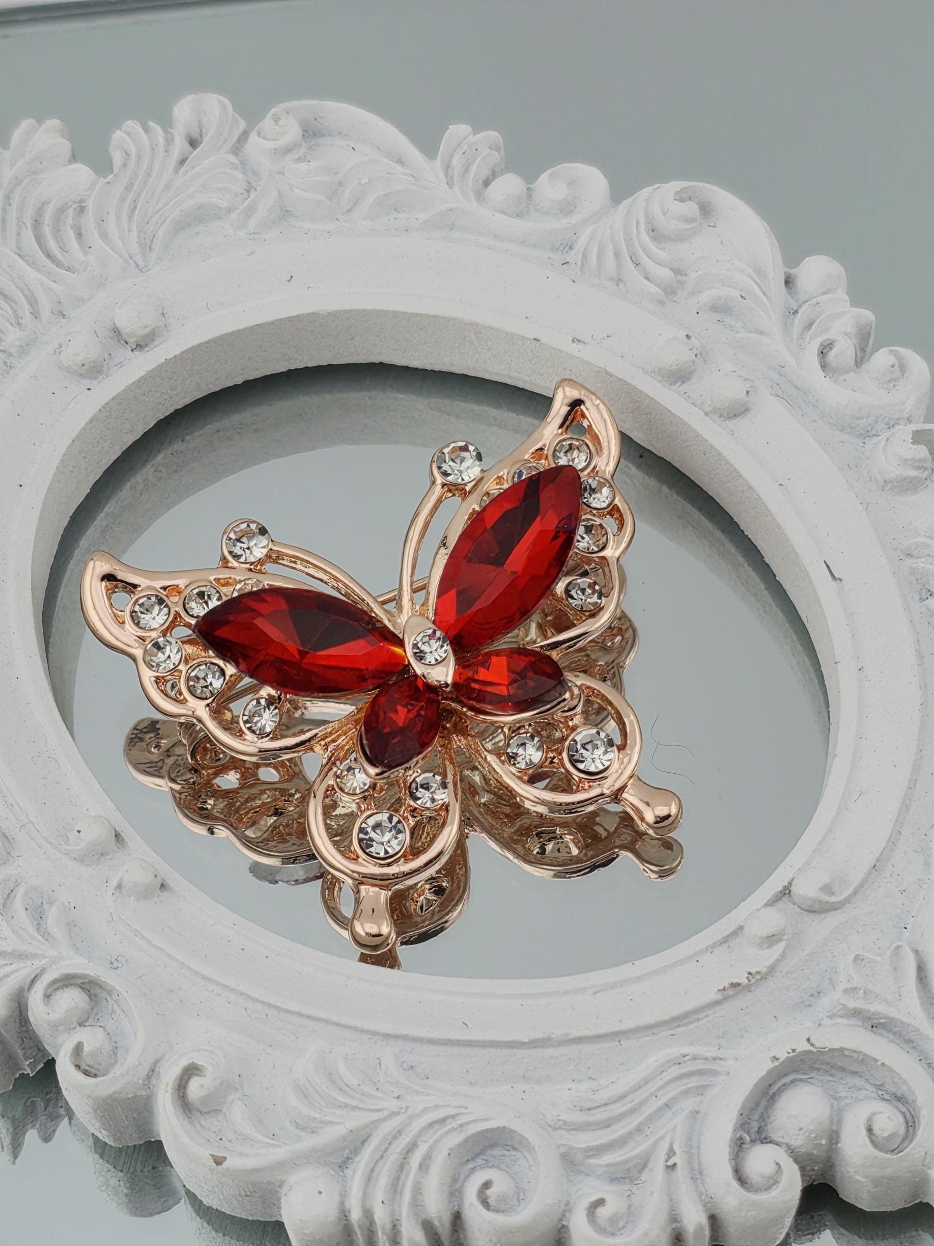 Butterfly Pendant: Ruby Red Gemstone - Gold Tone Finish | Handmade Pin | Jacket Scarf Hat Accessory | Gift Idea