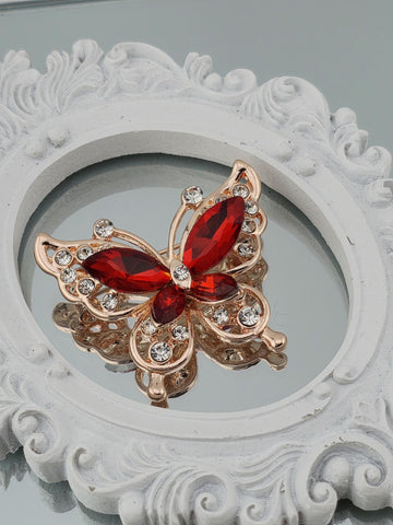 Butterfly Pendant: Ruby Red Gemstone - Gold Tone Finish | Handmade Pin | Jacket Scarf Hat Accessory | Gift Idea