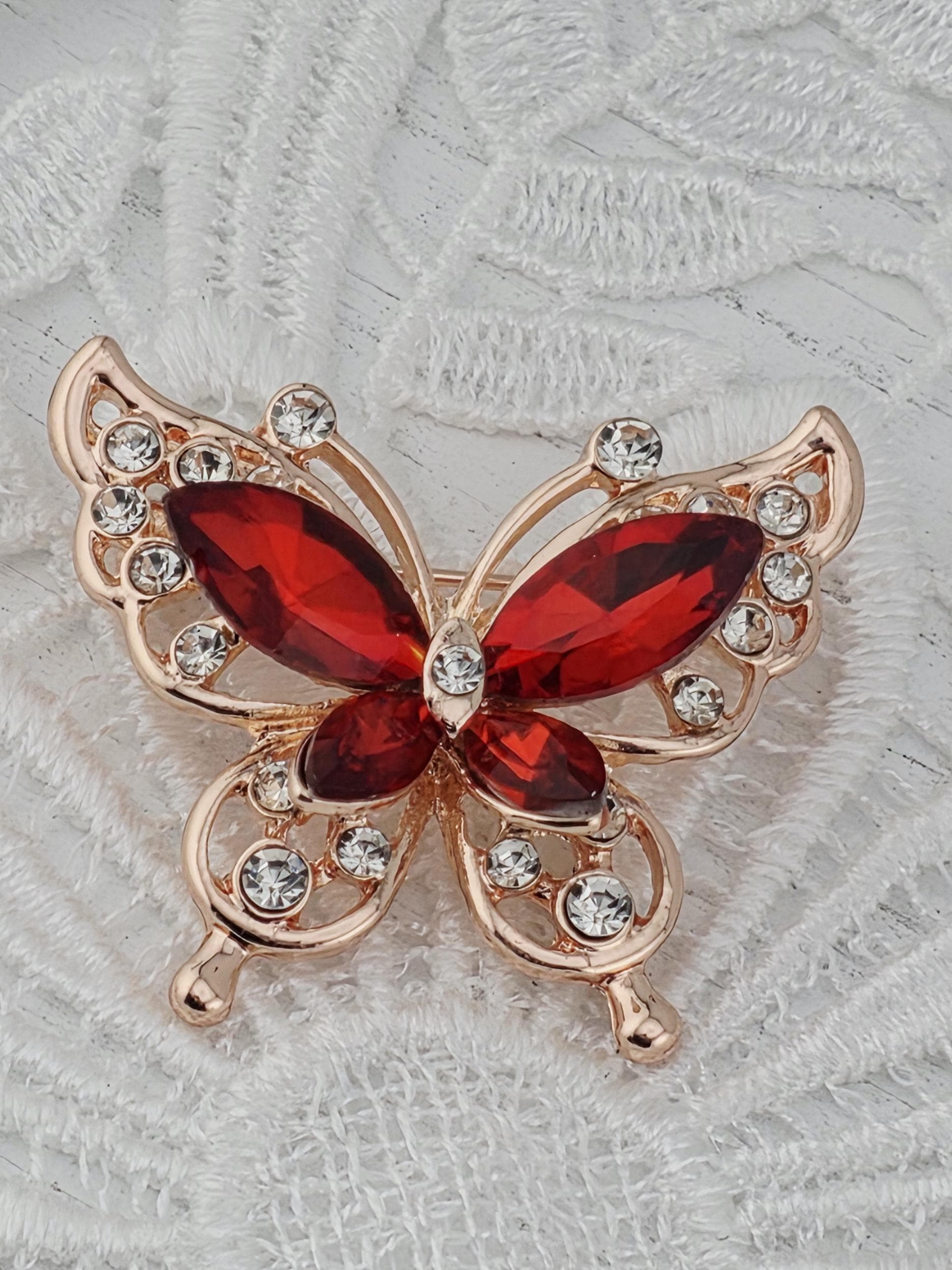 Butterfly Pendant: Ruby Red Gemstone - Gold Tone Finish | Handmade Pin | Jacket Scarf Hat Accessory | Gift Idea