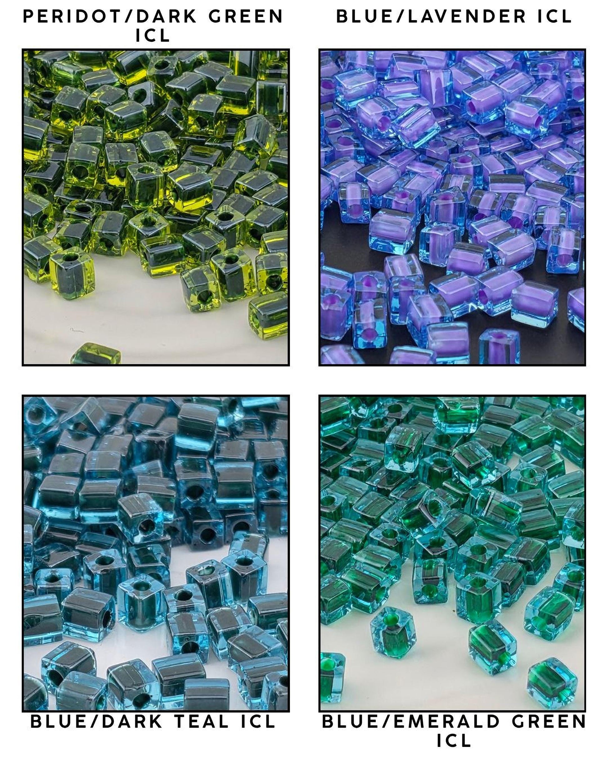 four different color variations of bead pieces, each with a unique color scheme. The colors include teal, dark teal, blue, and lavender. The image is a collage of four separate images, each showcasing a different color variation of the bead pieces.