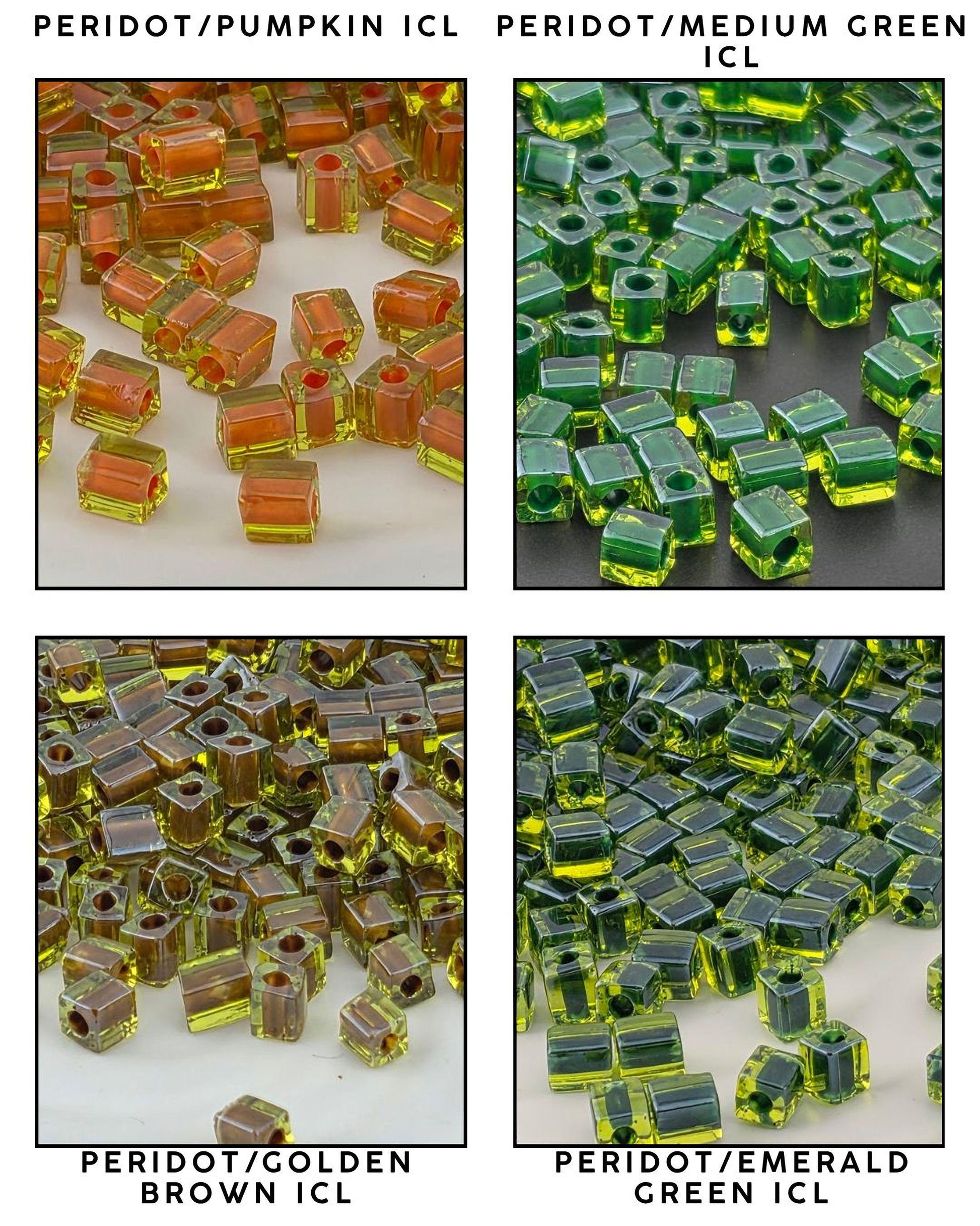 four different types of beads, each with a distinct color and shape. The beads are arranged in a grid format, with each row representing a different type of bead and each column representing a different color. The colors of the beads are orange, green, brown, and green, and the shapes of the beads are square, rectangular, and hexagonal.