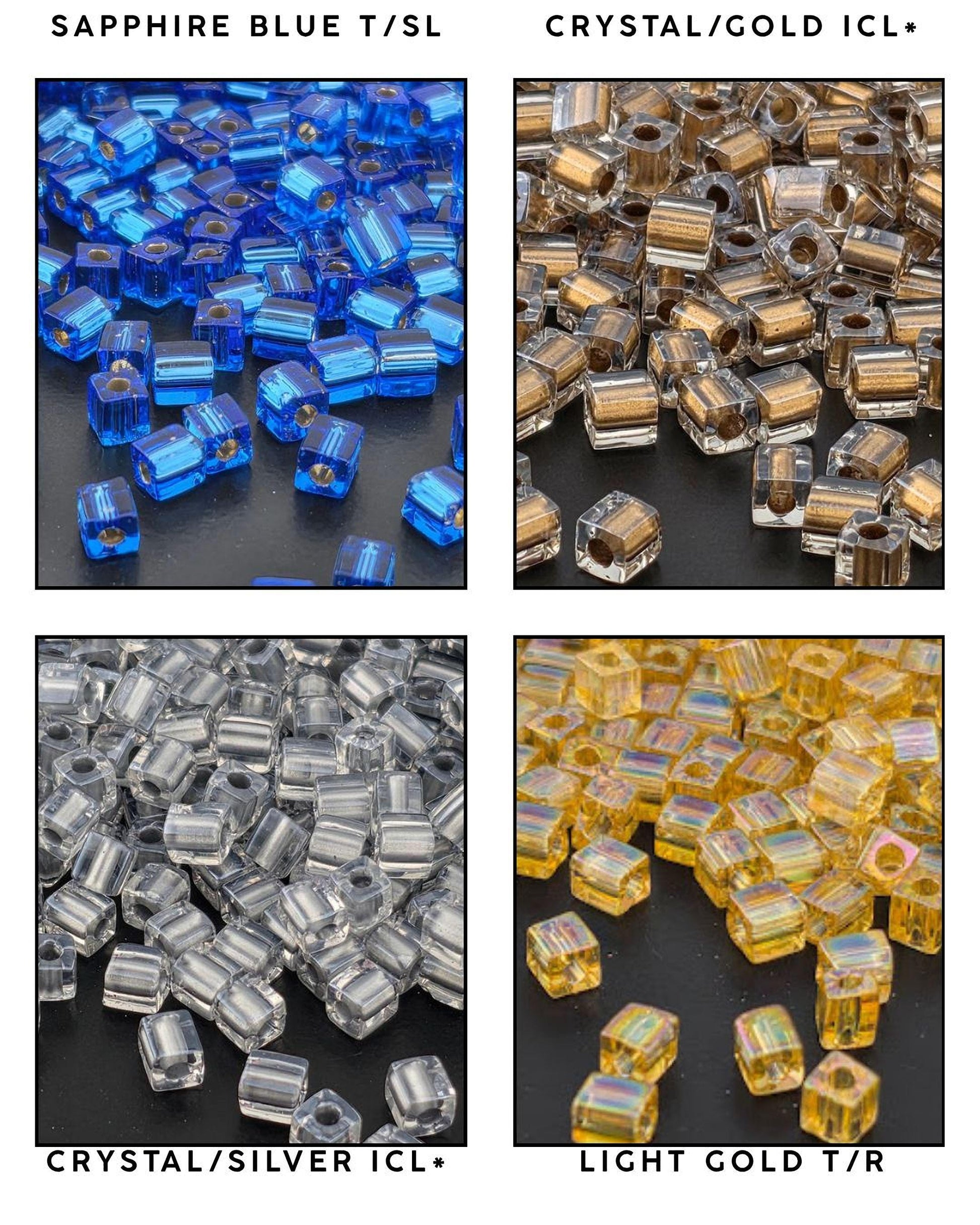 four different types of beads, each with a unique color and texture: Sapphire Blue, Crystal/Gold ICL, Light Gold T/R, and Crystal/Silver ICL.