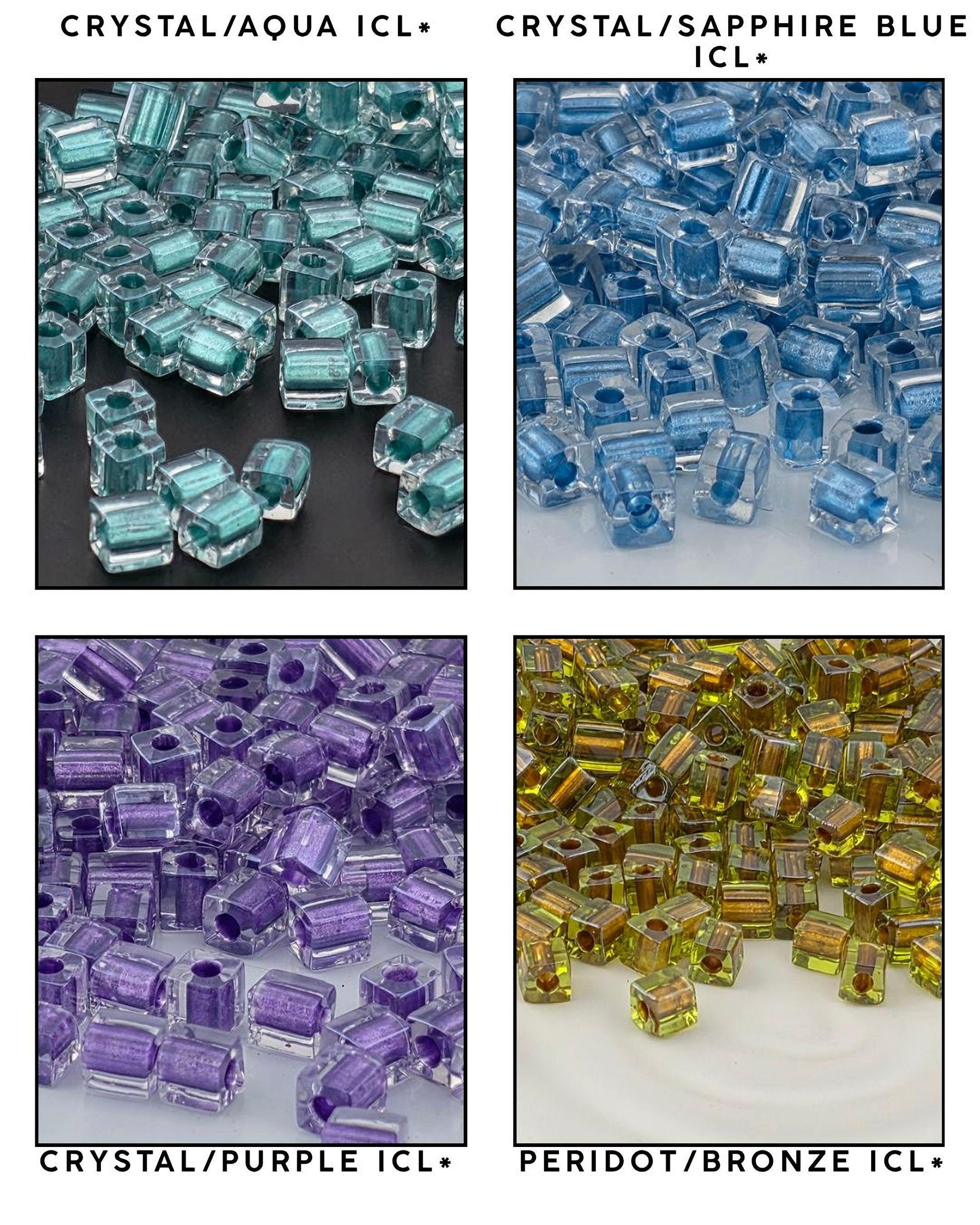 four separate images, each showcasing a different type of crystal bead. The first image displays a collection of clear crystal beads in various colors, including blue, purple, and yellow. The second image shows a collection of clear crystal beads in purple and gold hues. The third image features a collection of clear crystal beads in blue and gold colors. The fourth image displays a collection of clear crystal beads in purple and gold colors.