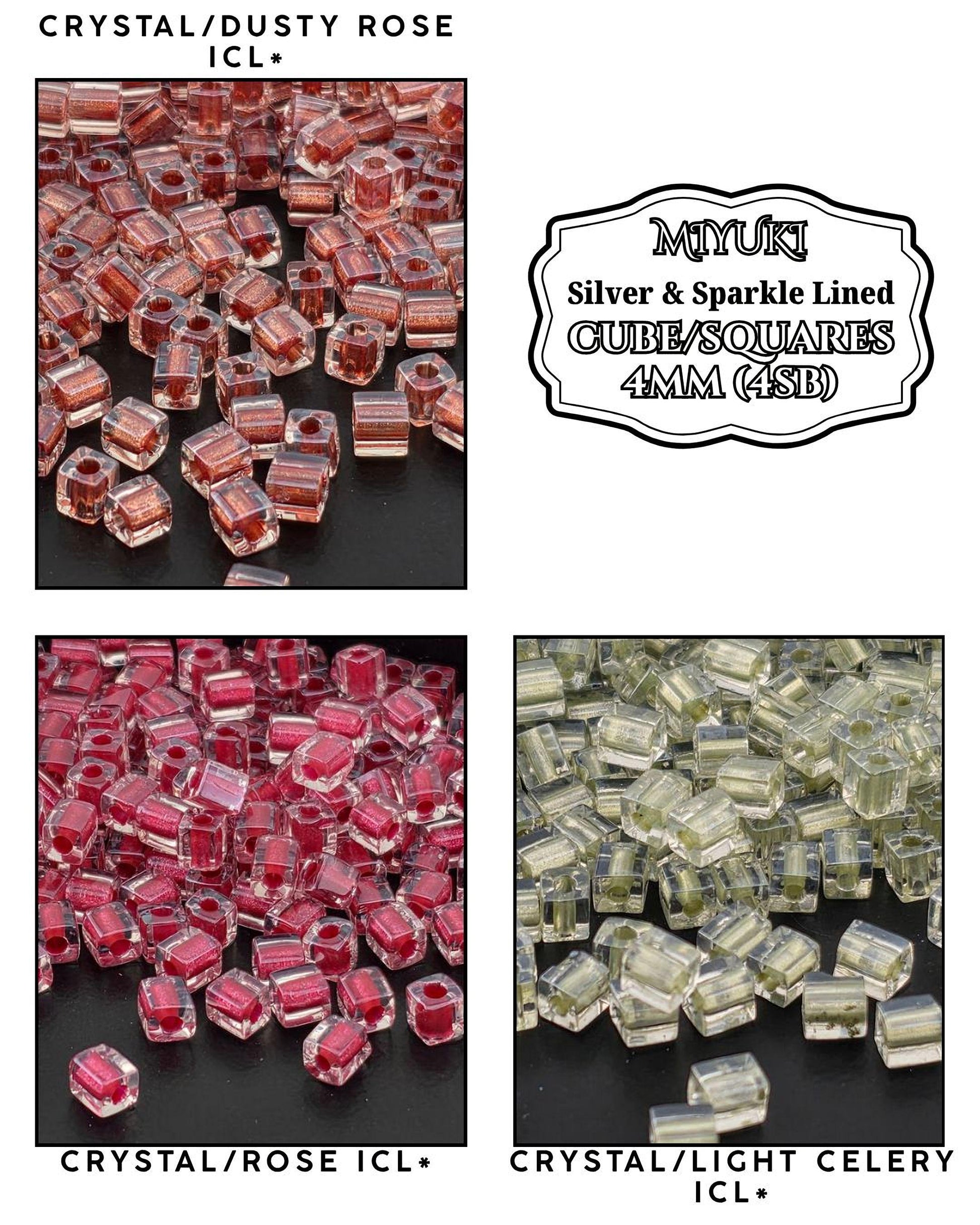 The image is a collage of four images, each depicting a different type of crystal bead: Crystal/Rose ICL, Crystal/Light Celery ICL, Silver & Sparkle Lined Cubes/Squares 4mm (1.8g) and Clear Cubes/Squares 4mm (1.8g).