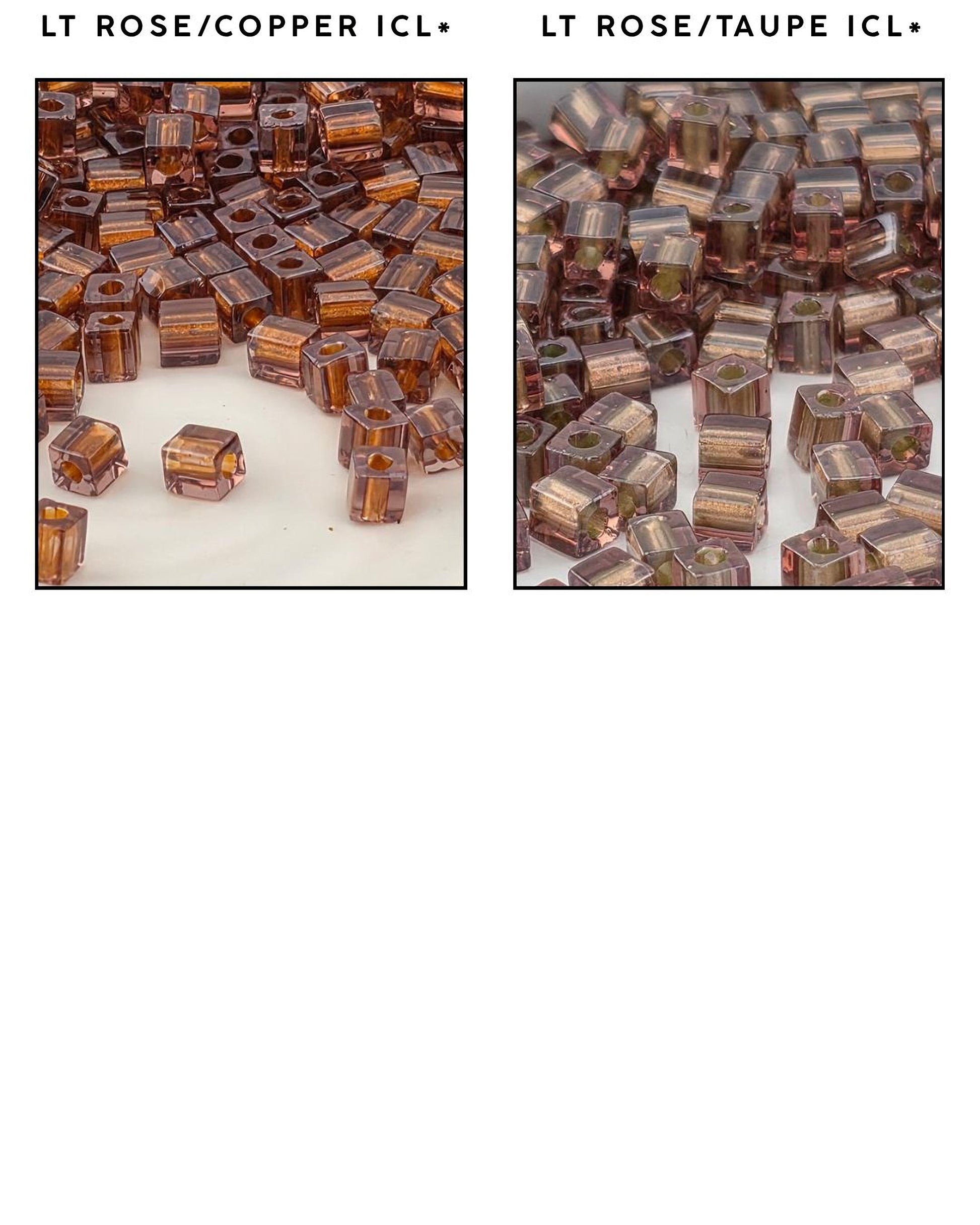 two separate sections, each showcasing a different type of bead. The left section displays a collection of copper-colored beads, while the right section features a variety of rose-colored beads. The two sections are separated by a black border, and the image does not contain any text.