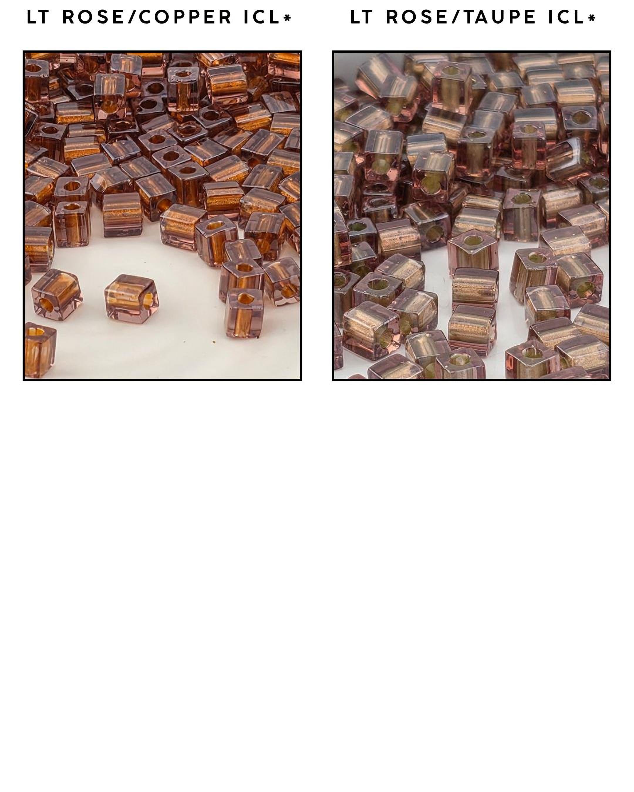 two separate sections, each showcasing a different type of bead. The left section displays a collection of copper-colored beads, while the right section features a variety of rose-colored beads. The two sections are separated by a black border, and the image does not contain any text.