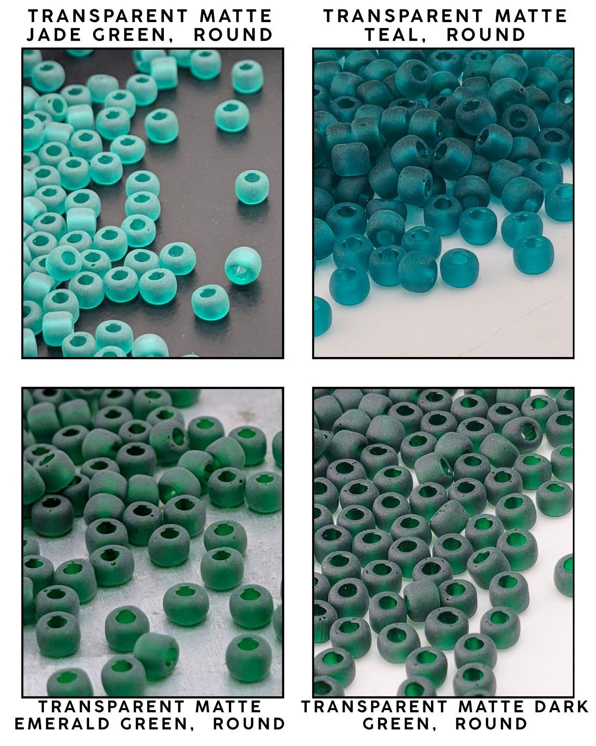 four different images of transparent beads in various shades of green, including jade green, teal, and dark green.