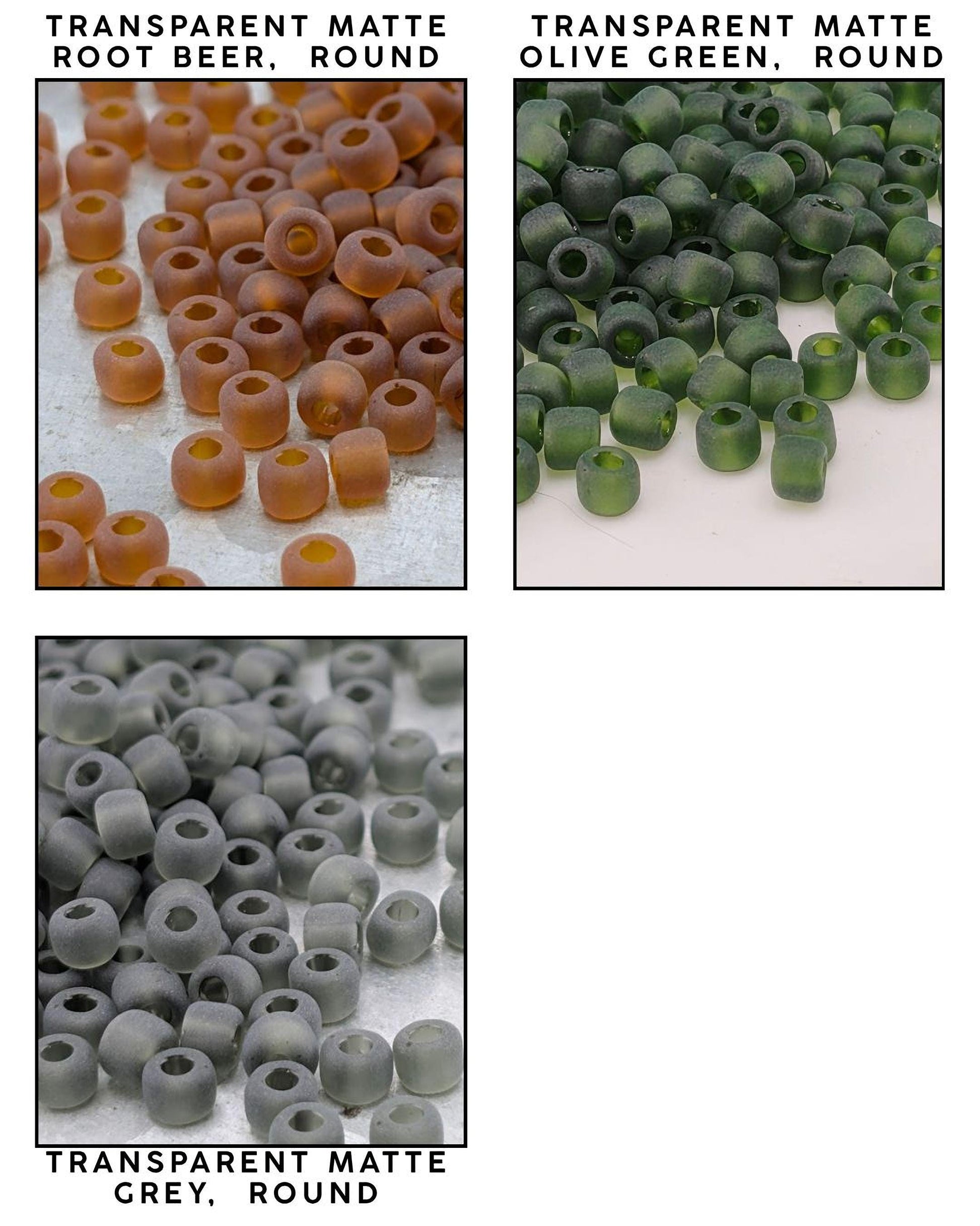 four different images of transparent matte beads in various colors: orange, green, and gray.
