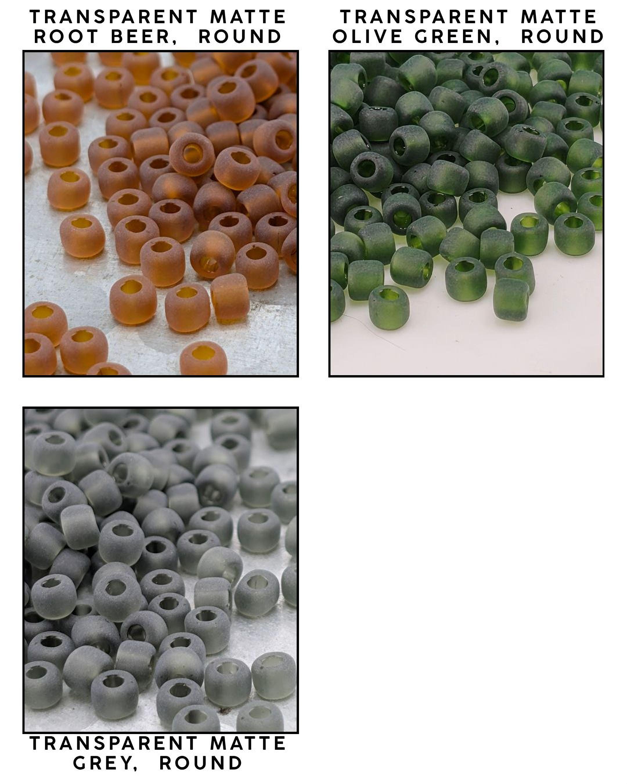 four different images of transparent matte beads in various colors: orange, green, and gray.