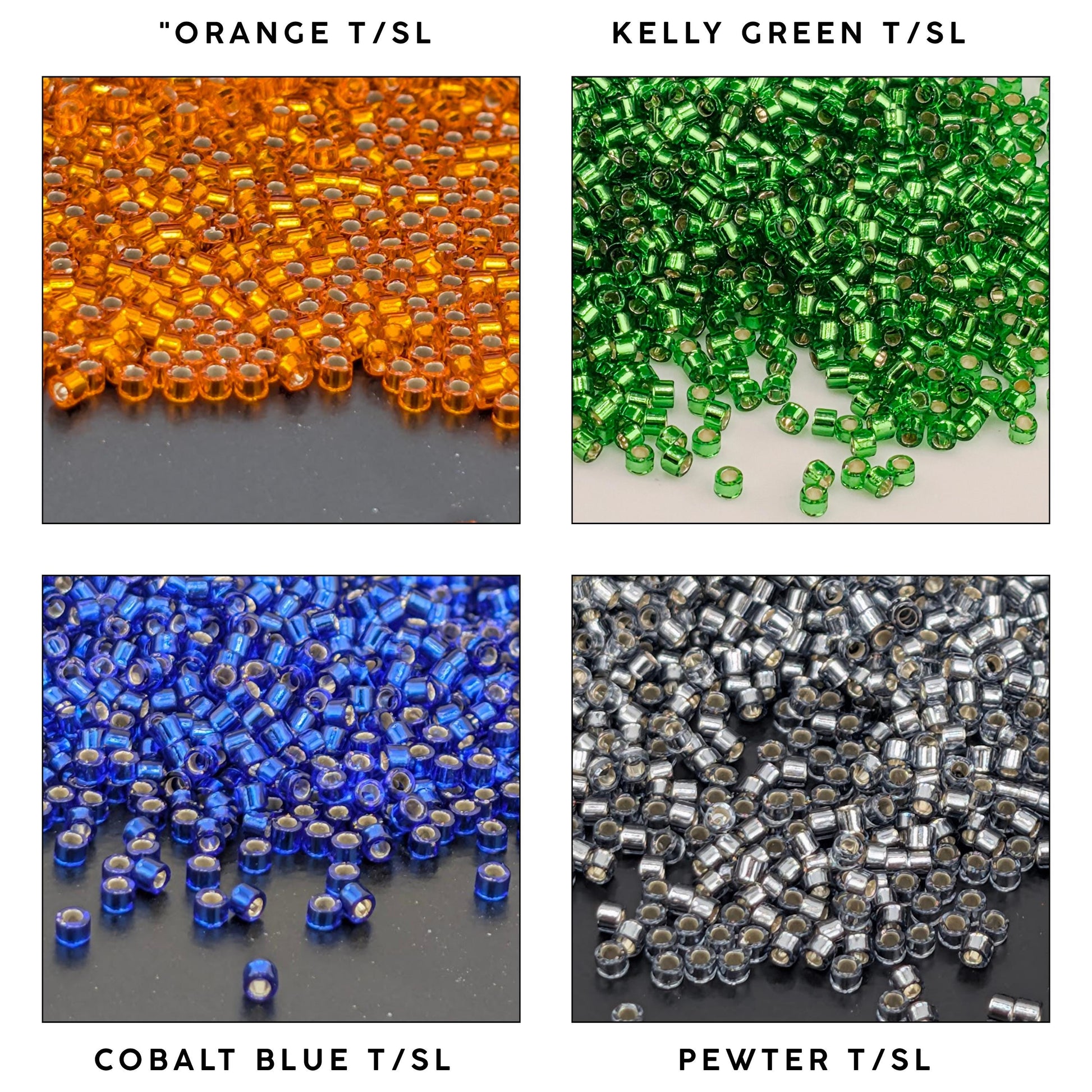 four different piles of beads, each with a distinct color: orange, green, blue, and silver.