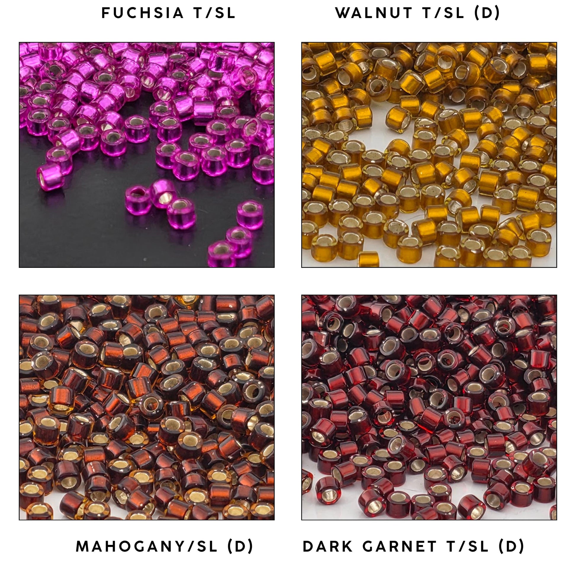 four different types of beads, each with a distinct color and pattern. The first bead is purple, the second is gold, the third is brown, and the fourth is red.