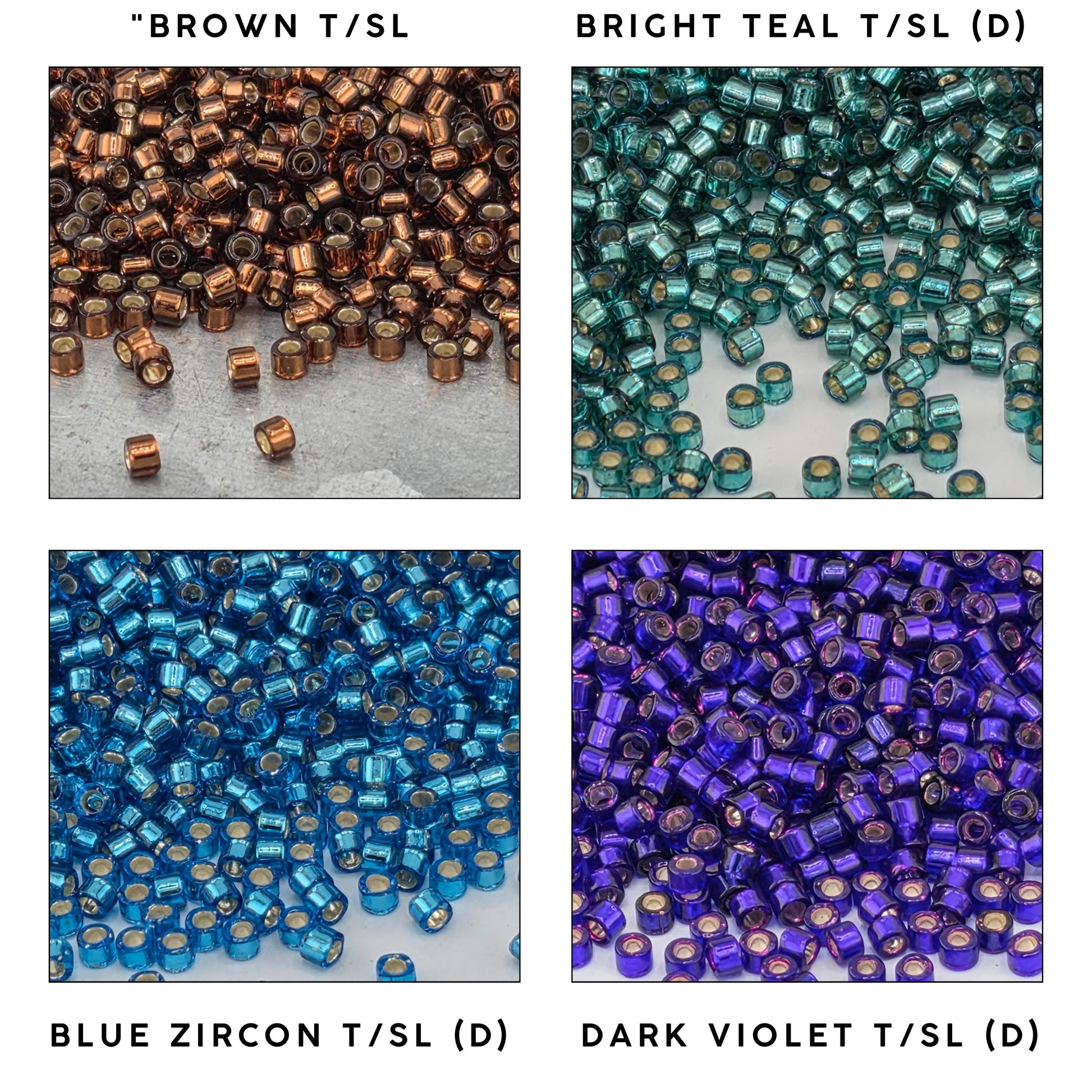 The image is a collage of four images, each depicting a different color of beads or threads, including brown, teal, blue, and purple.