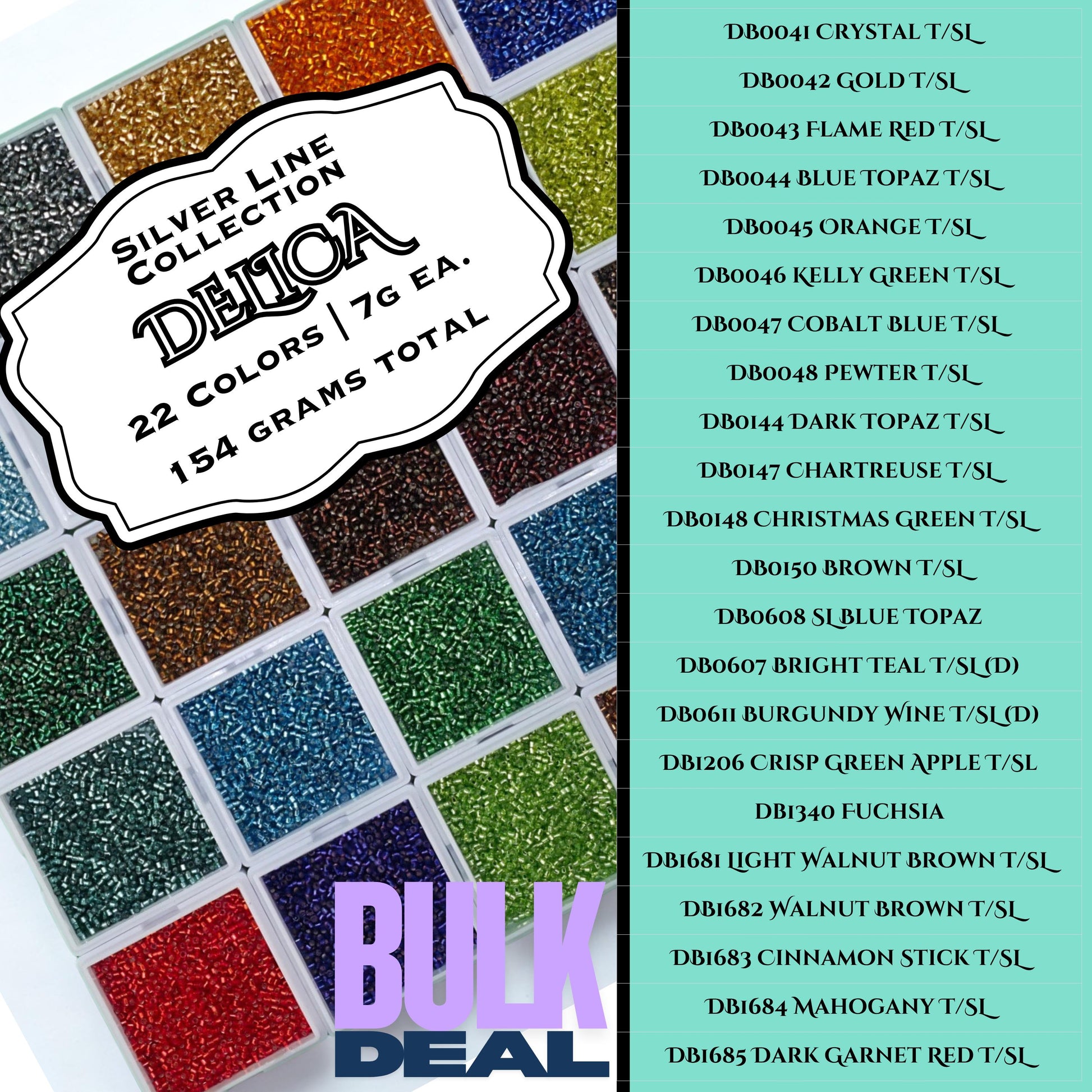 The image is a promotional image for a bulk deal on Silver Line Collection beads. It features a variety of colored beads arranged in a grid pattern, showcasing the different colors available in the collection.