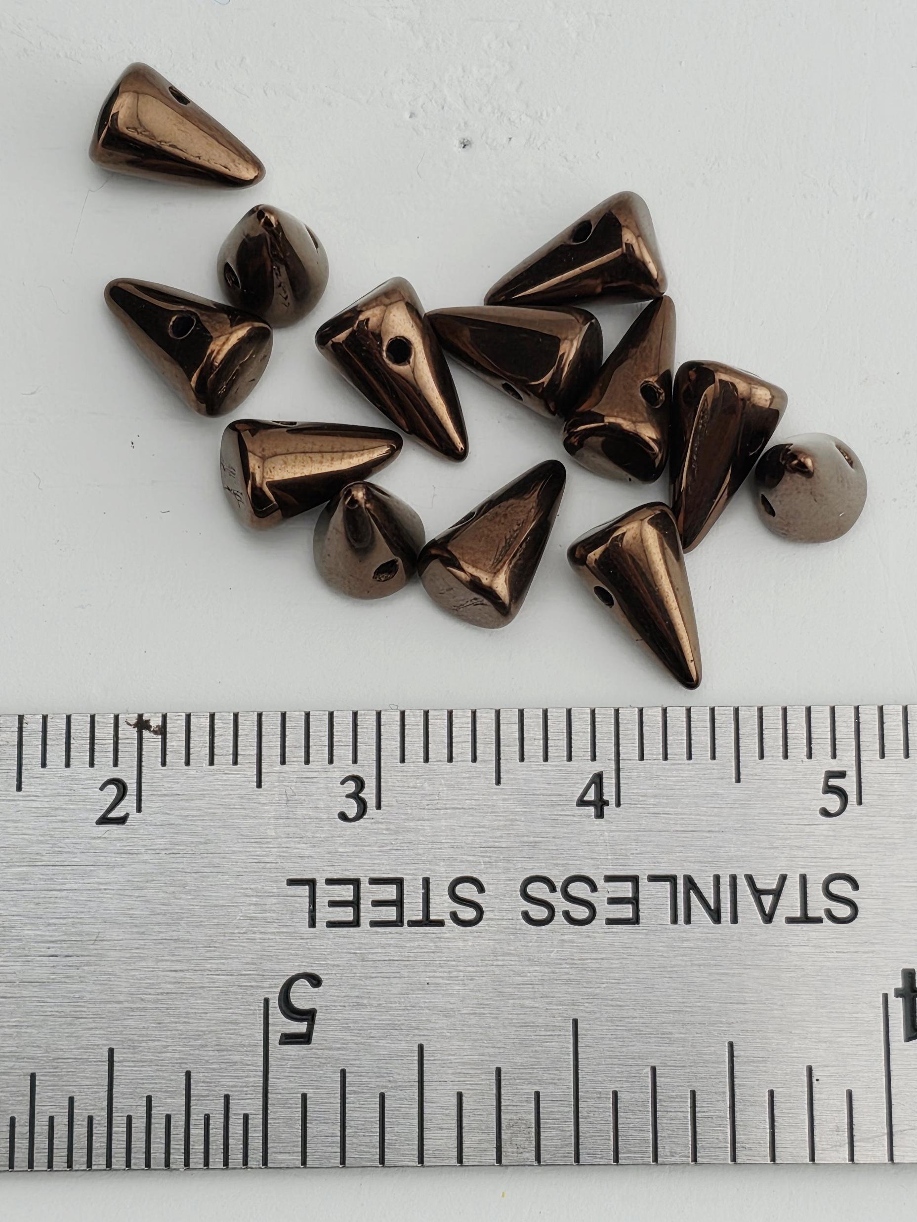 Czech glass spike beads, iridescent copper-brown, 12pcs for jewelry making; boho spike beads for bracelet and necklace.