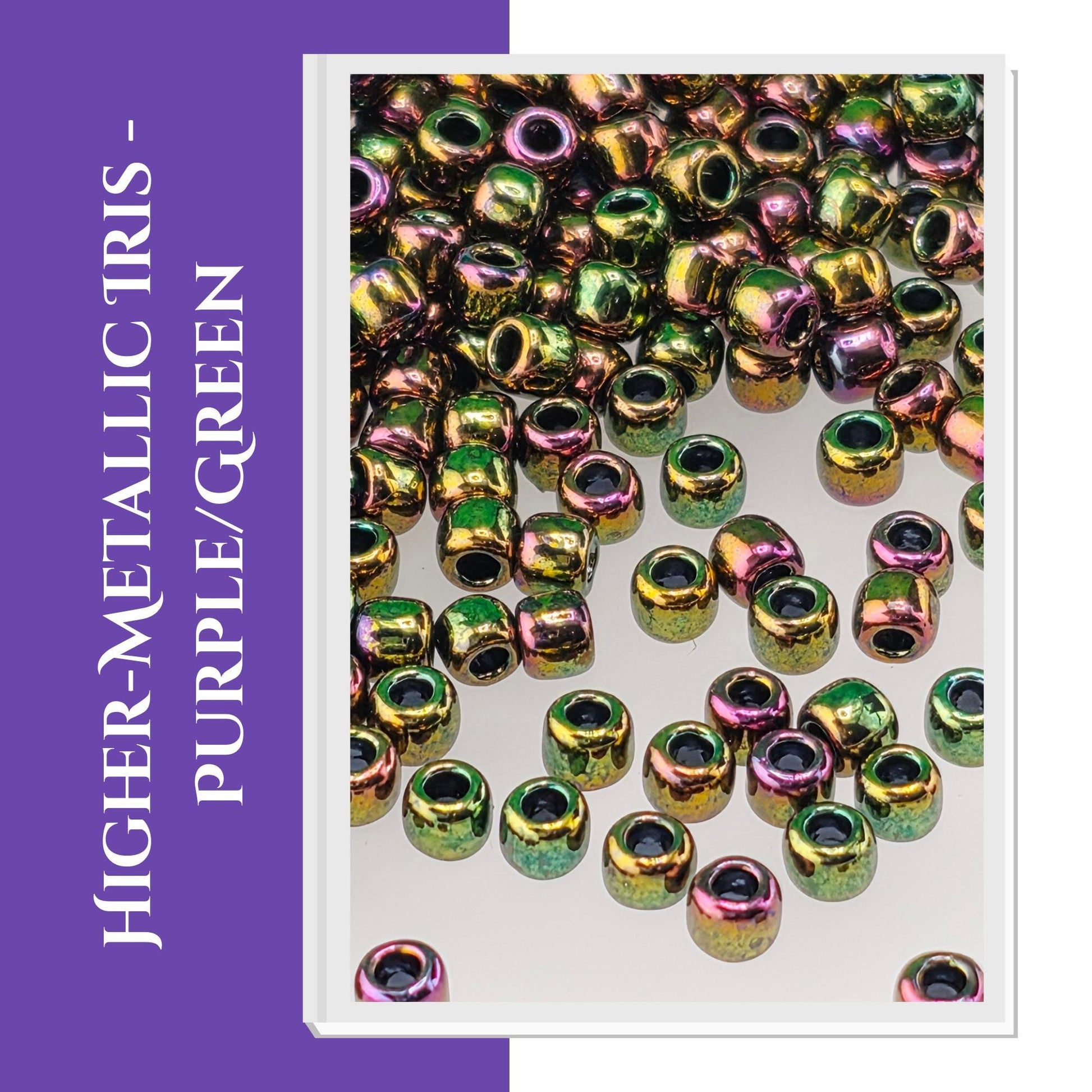 a collection of multicolored beads, including purple, green, and yellow, scattered across a surface.