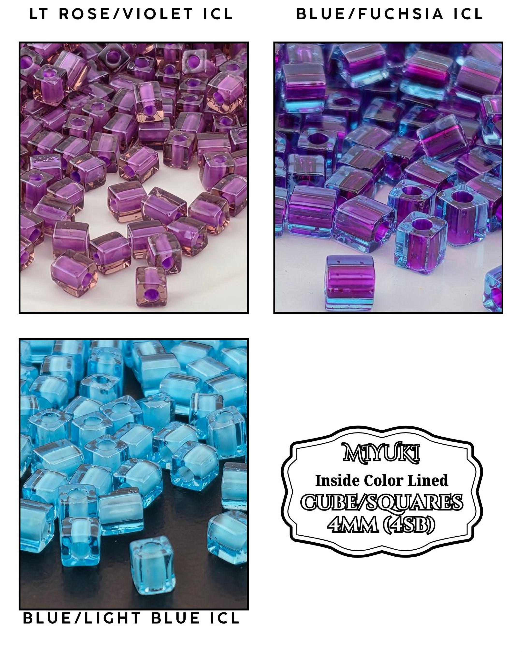 The image is a collage of four images, each depicting a different colored cube bead. The first image shows a collection of purple cube beads, the second image shows a collection of blue cube beads, the third image shows a collection of purple cube beads, and the fourth image shows a collection of blue cube beads.