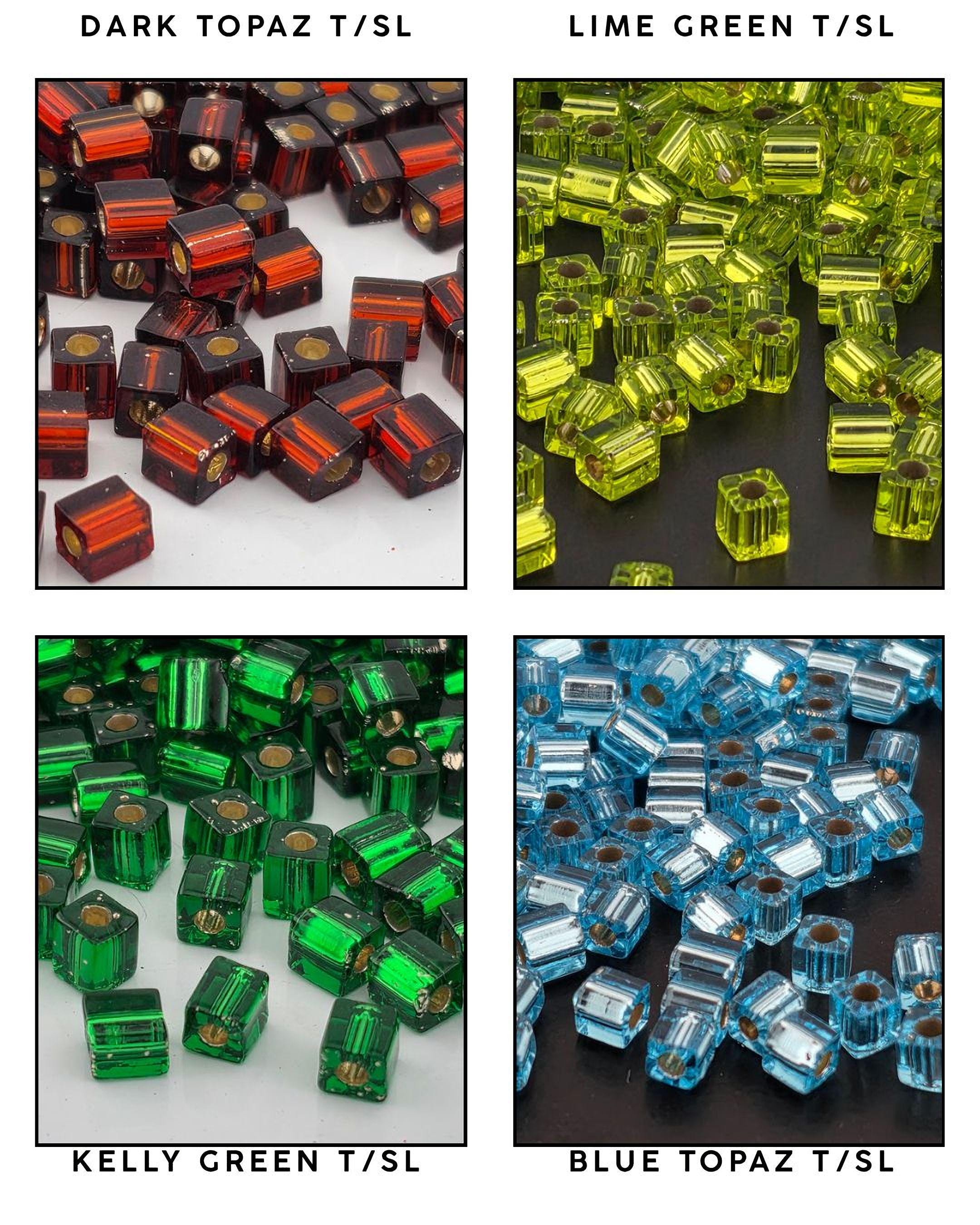 four different color-coded glass beads, each with a unique color and pattern. The beads are arranged in a grid format, with each row representing a different color and each column representing a different type of bead. The colors and patterns of the beads vary, creating a visually appealing and diverse display.