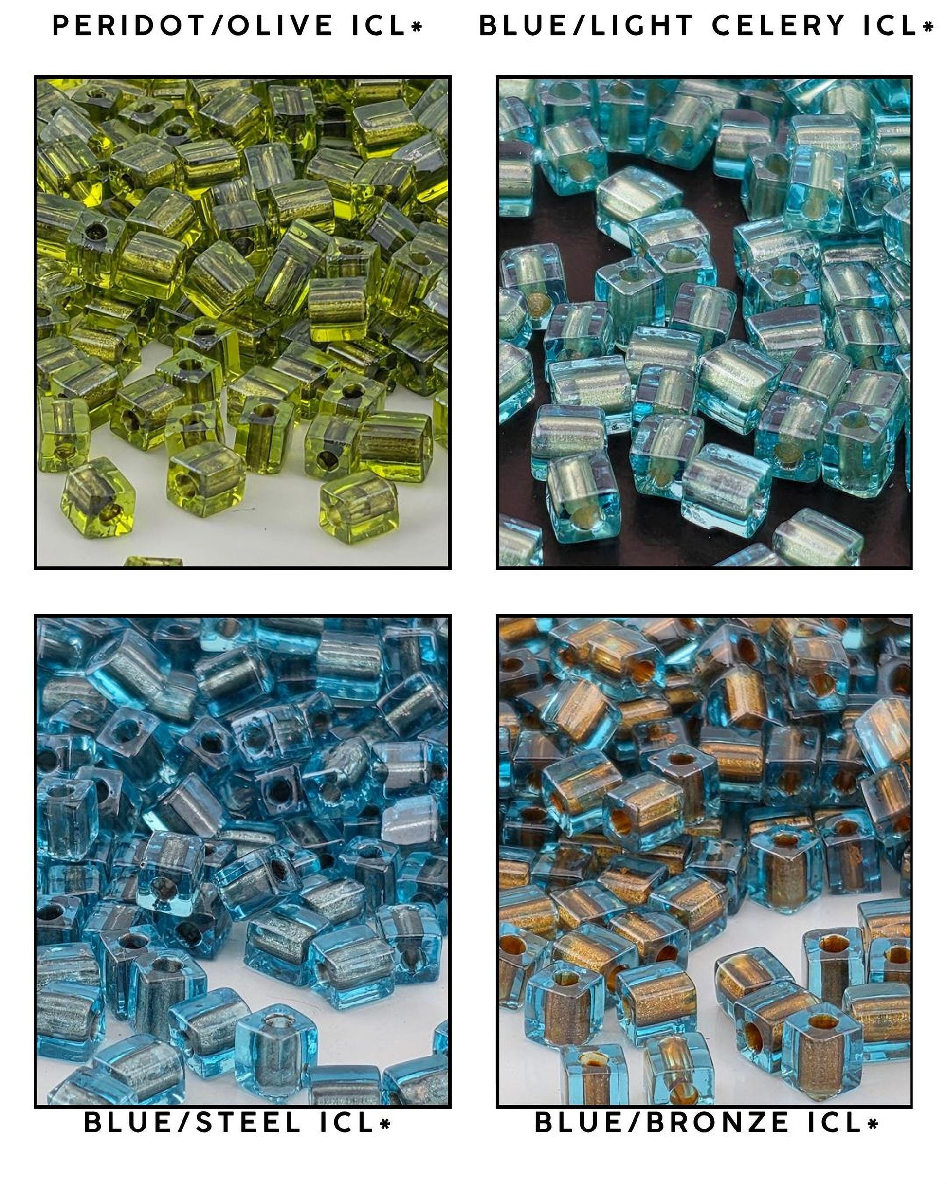 four different images, each showing a variety of blue and green glass beads. The images are labeled as "PERIDOT/OLIVE ICL", "BLUE/LIGHT CELERY ICL", "BLUE/STEEL ICL", and "BLUE/BENZIE ICL", respectively. The images are arranged in a grid format, with each row containing one image and each column containing one type of bead.