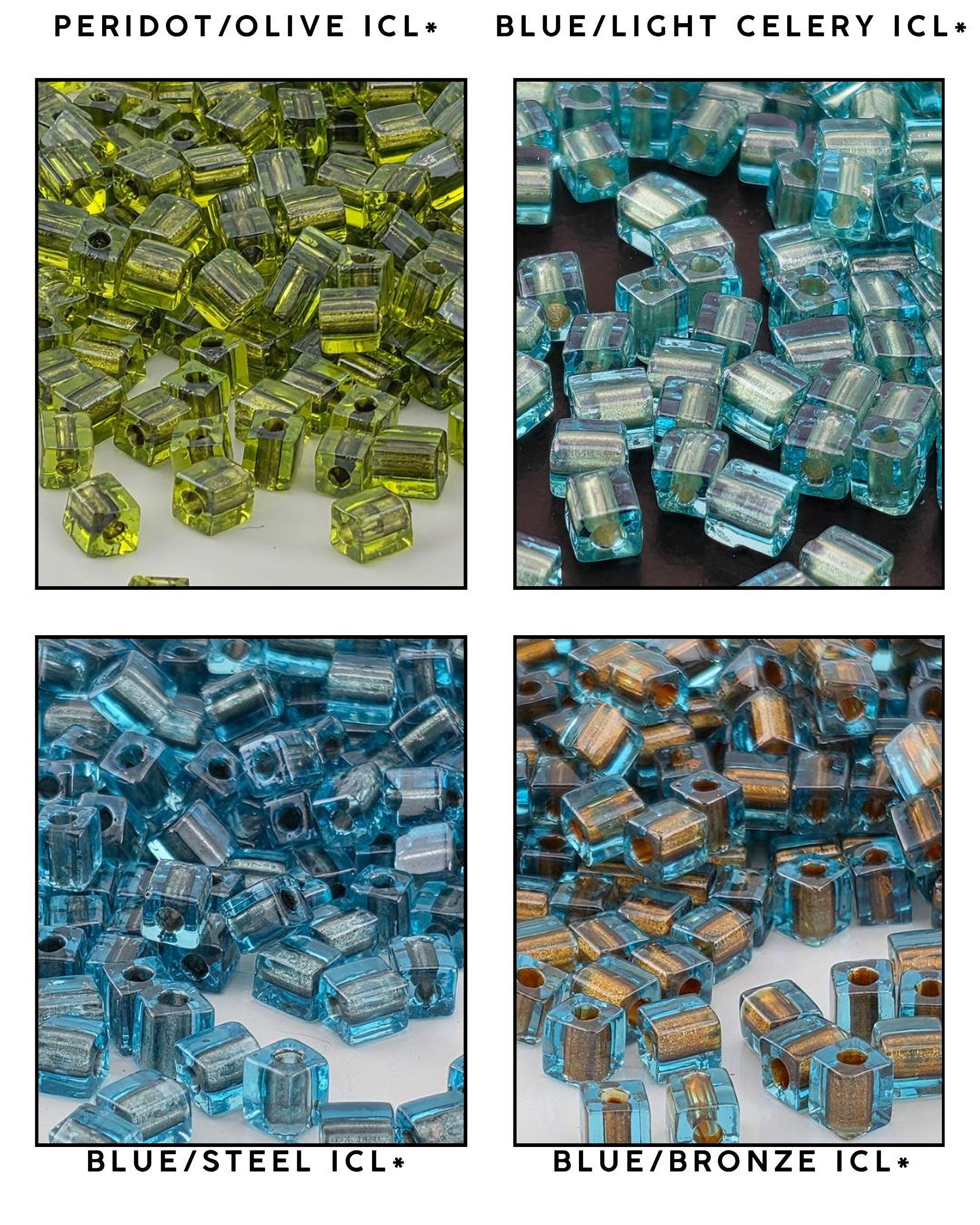 four different images, each showing a variety of blue and green glass beads. The images are labeled as "PERIDOT/OLIVE ICL", "BLUE/LIGHT CELERY ICL", "BLUE/STEEL ICL", and "BLUE/BENZIE ICL", respectively. The images are arranged in a grid format, with each row containing one image and each column containing one type of bead.