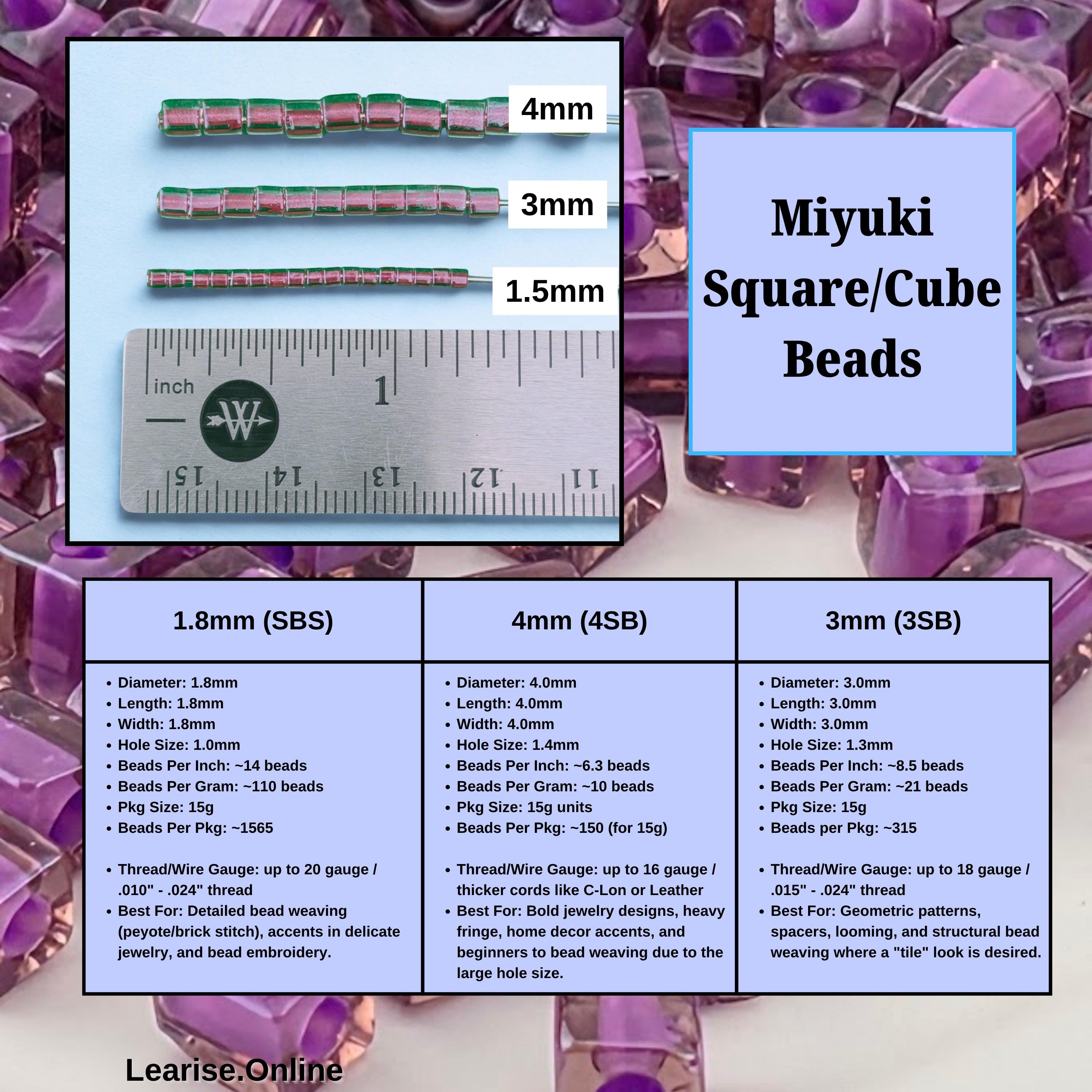 The image is a collage of three images, each depicting different sizes of beads, specifically square/cubic beads. The first image shows a 1.8mm (SBS) size, the second image shows a 4mm (LSB) size, and the third image shows a 3mm (SBS) size.