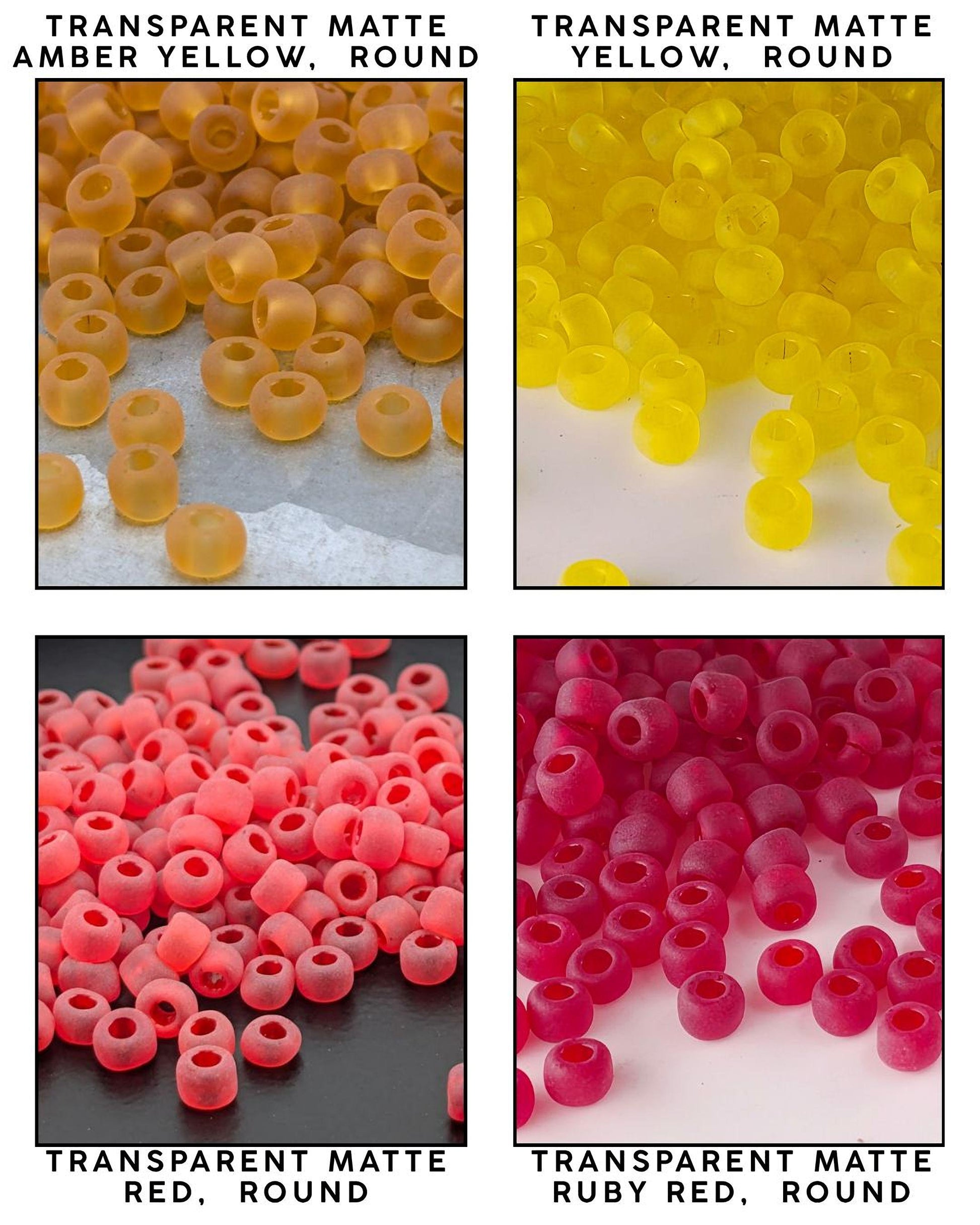 four separate images, each showcasing a different color of transparent matte beads. The first image displays amber yellow beads, the second image shows yellow beads, the third image shows red beads, and the fourth image shows red beads.