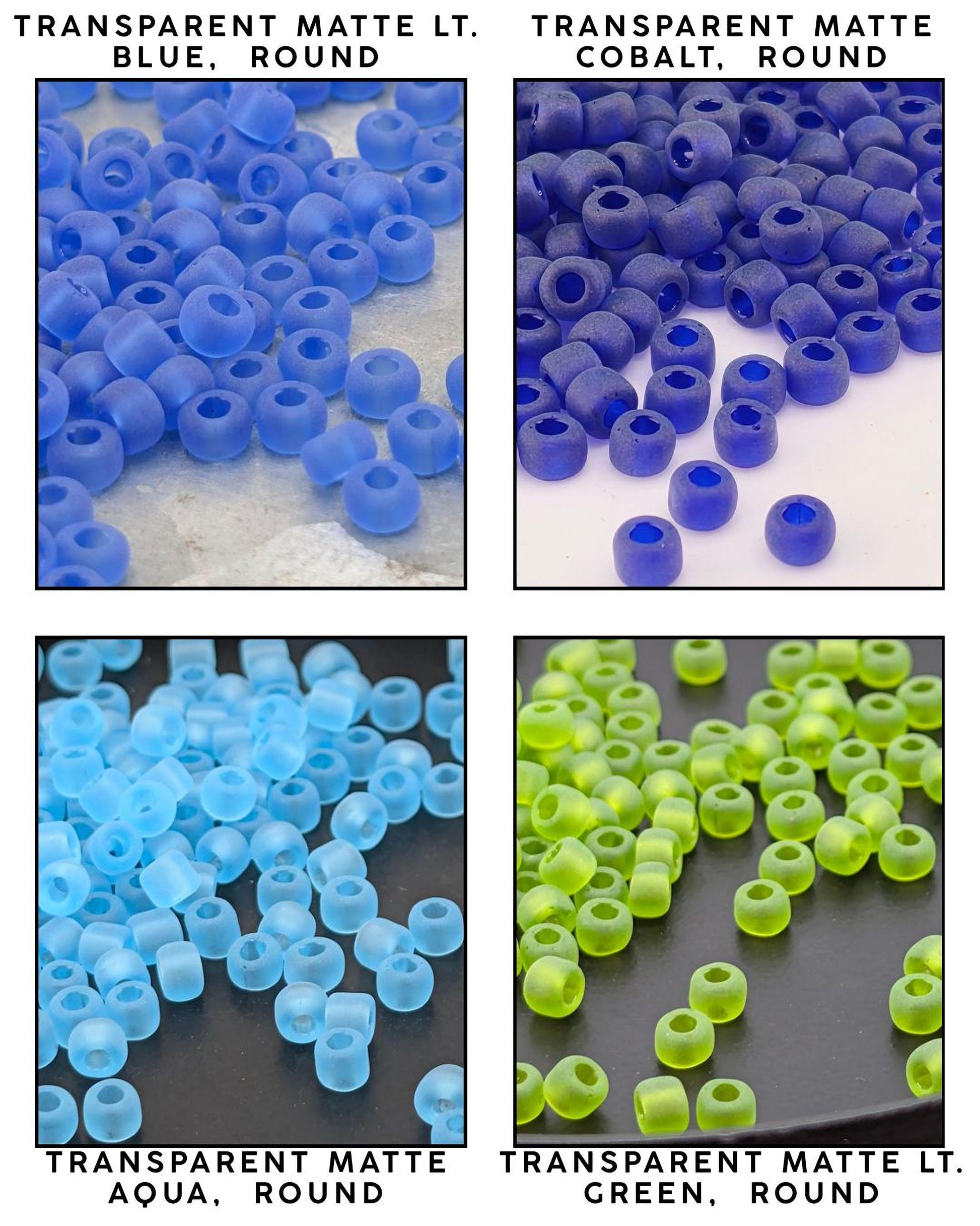 four different images of transparent beads in various colors, including blue, green, and aqua.