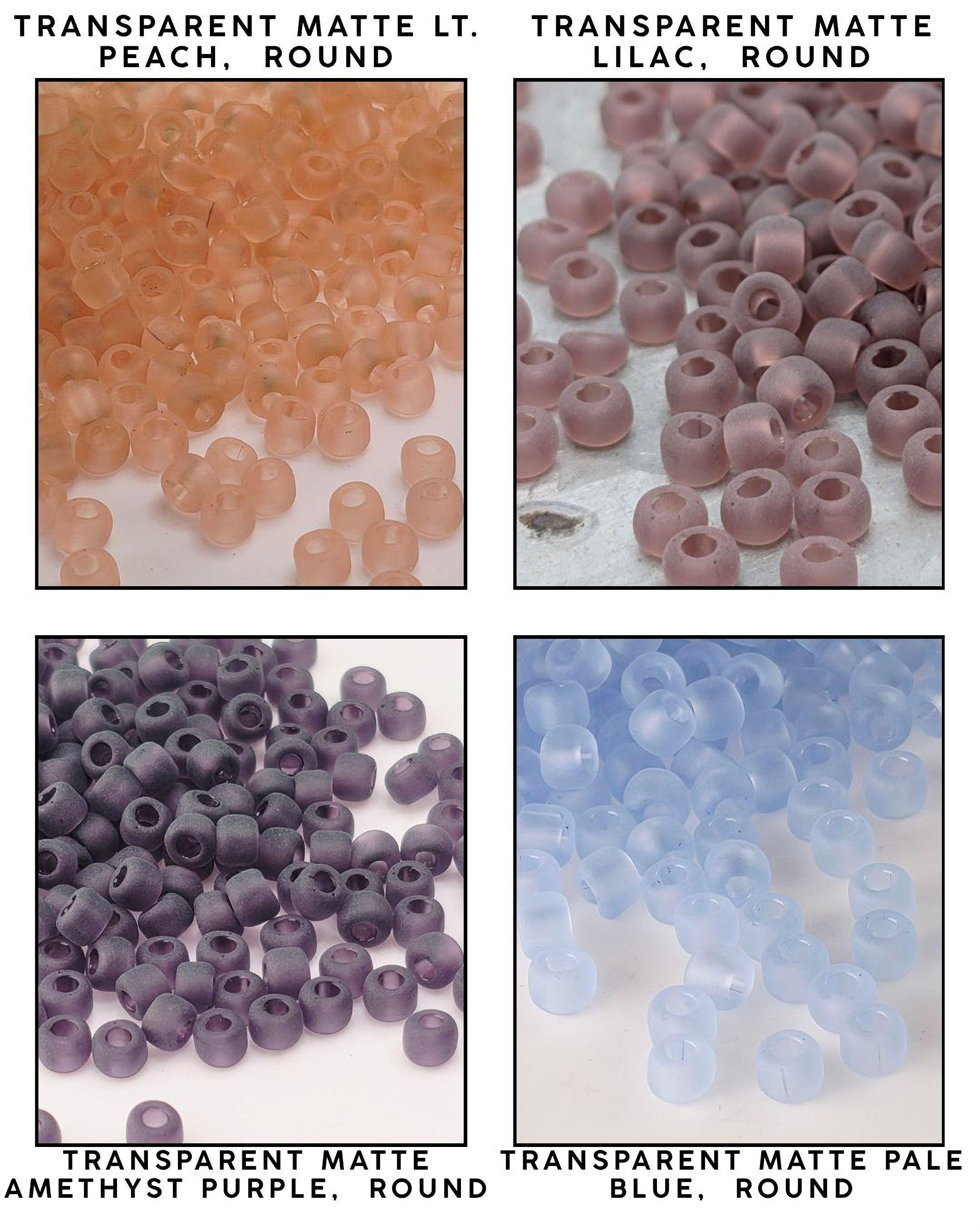 four different images of transparent beads in various colors, including peach, round, lavac, and blue, arranged in a grid format.