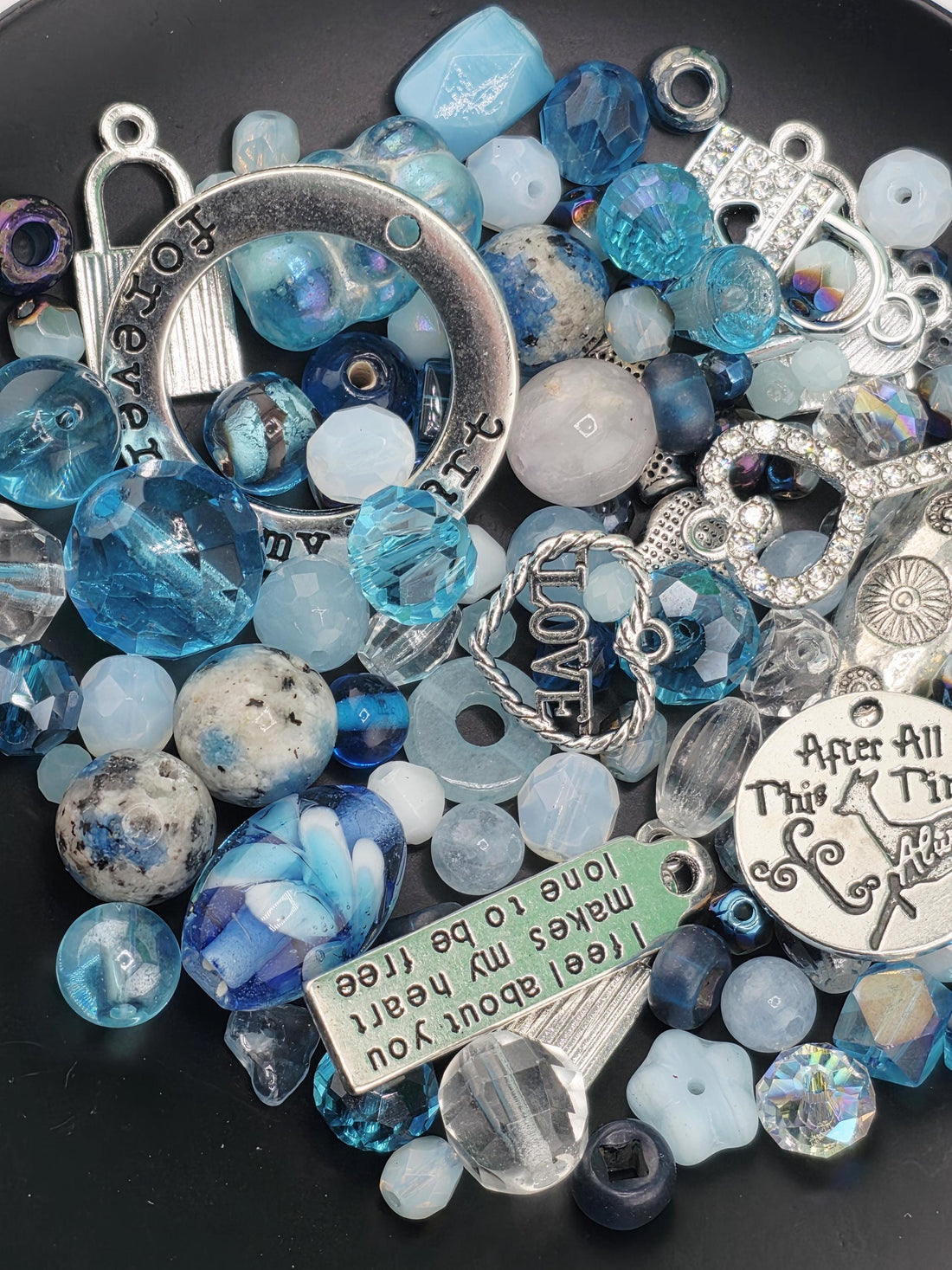 Zen Blue bead Mix. Glass, Gemstone and metal beads with alloy charms Blue and Aqua Shades (2oz Bead Set) | Jewelry Making Bracelet Supply