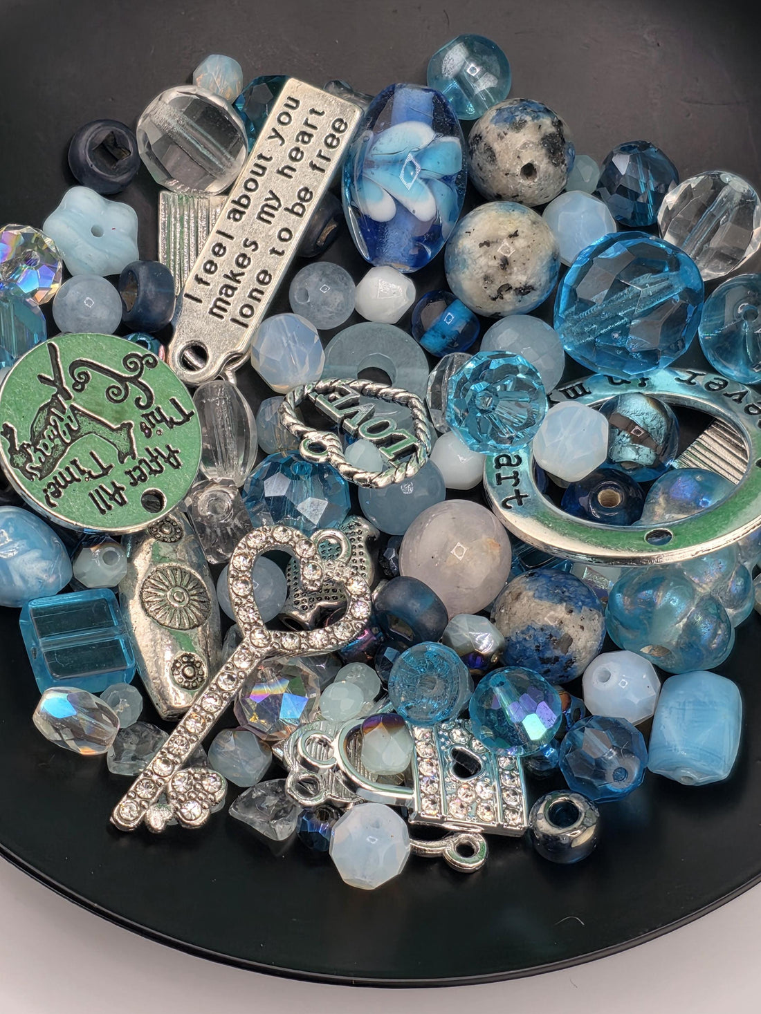 Zen Blue bead Mix. Glass, Gemstone and metal beads with alloy charms Blue and Aqua Shades (2oz Bead Set) | Jewelry Making Bracelet Supply