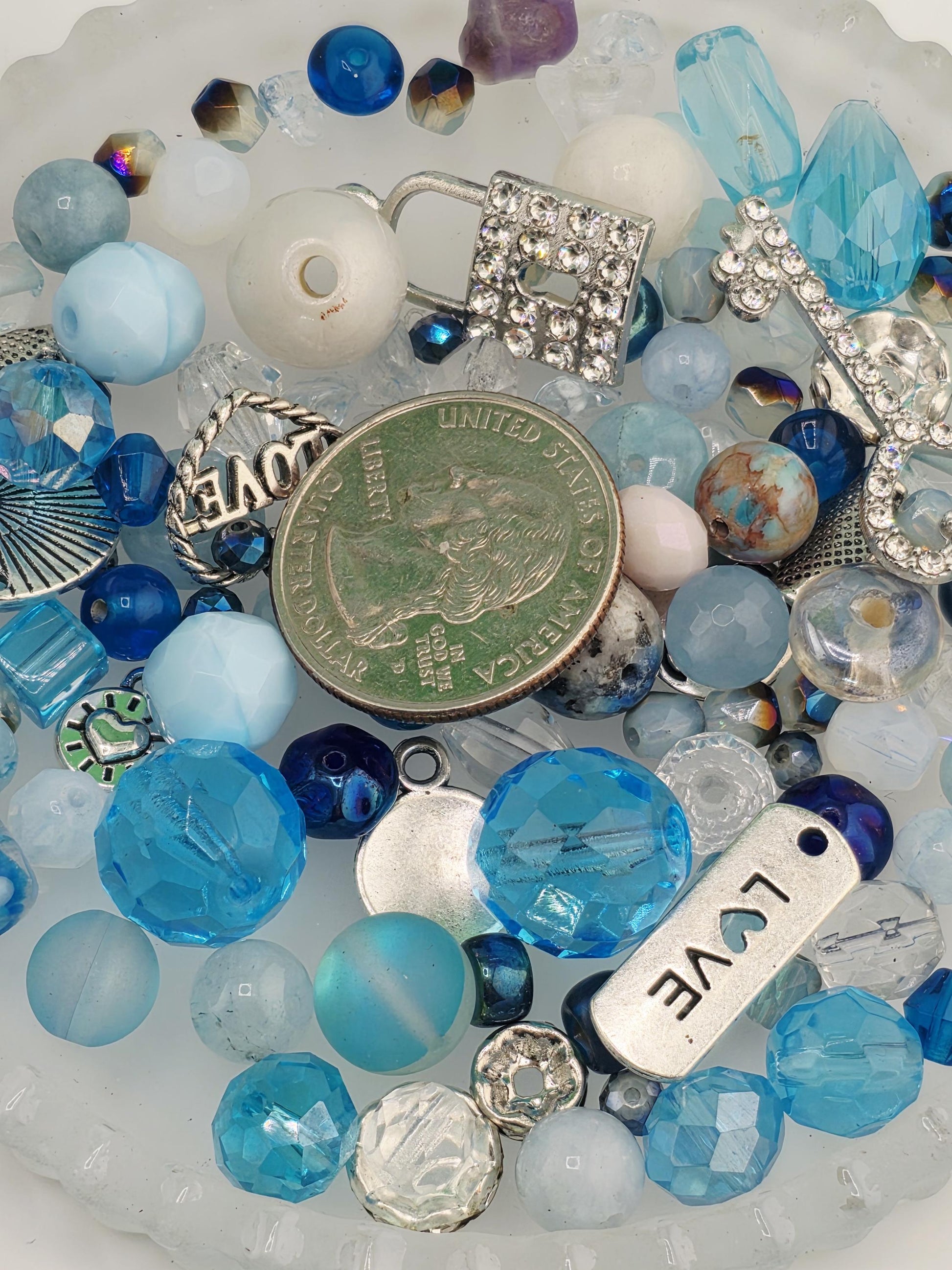 Zen Blue bead Mix. Glass, Gemstone and metal beads with alloy charms Blue and Aqua Shades (2oz Bead Set) | Jewelry Making Bracelet Supply