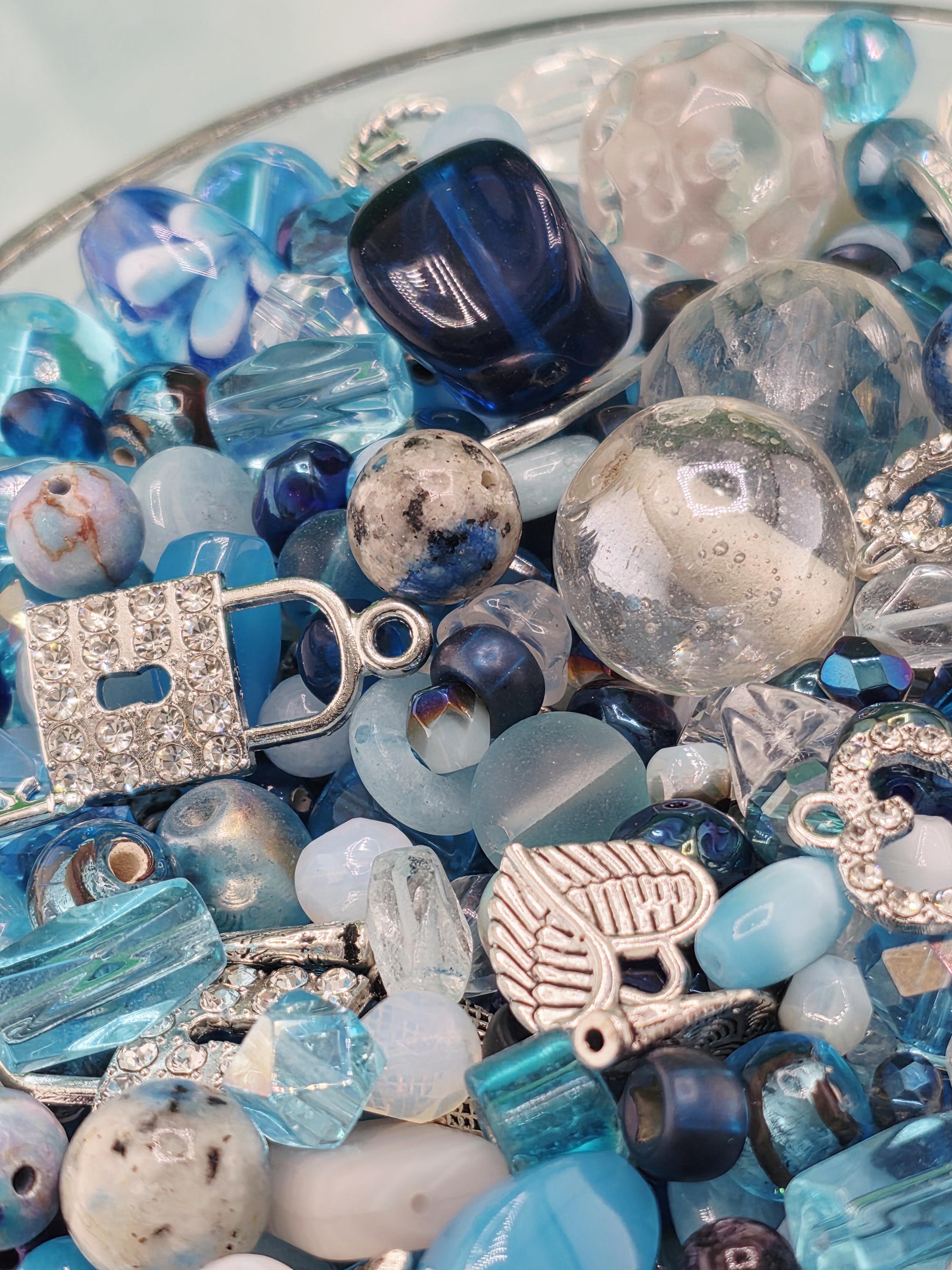 Zen Blue bead Mix. Glass, Gemstone and metal beads with alloy charms Blue and Aqua Shades (2oz Bead Set) | Jewelry Making Bracelet Supply