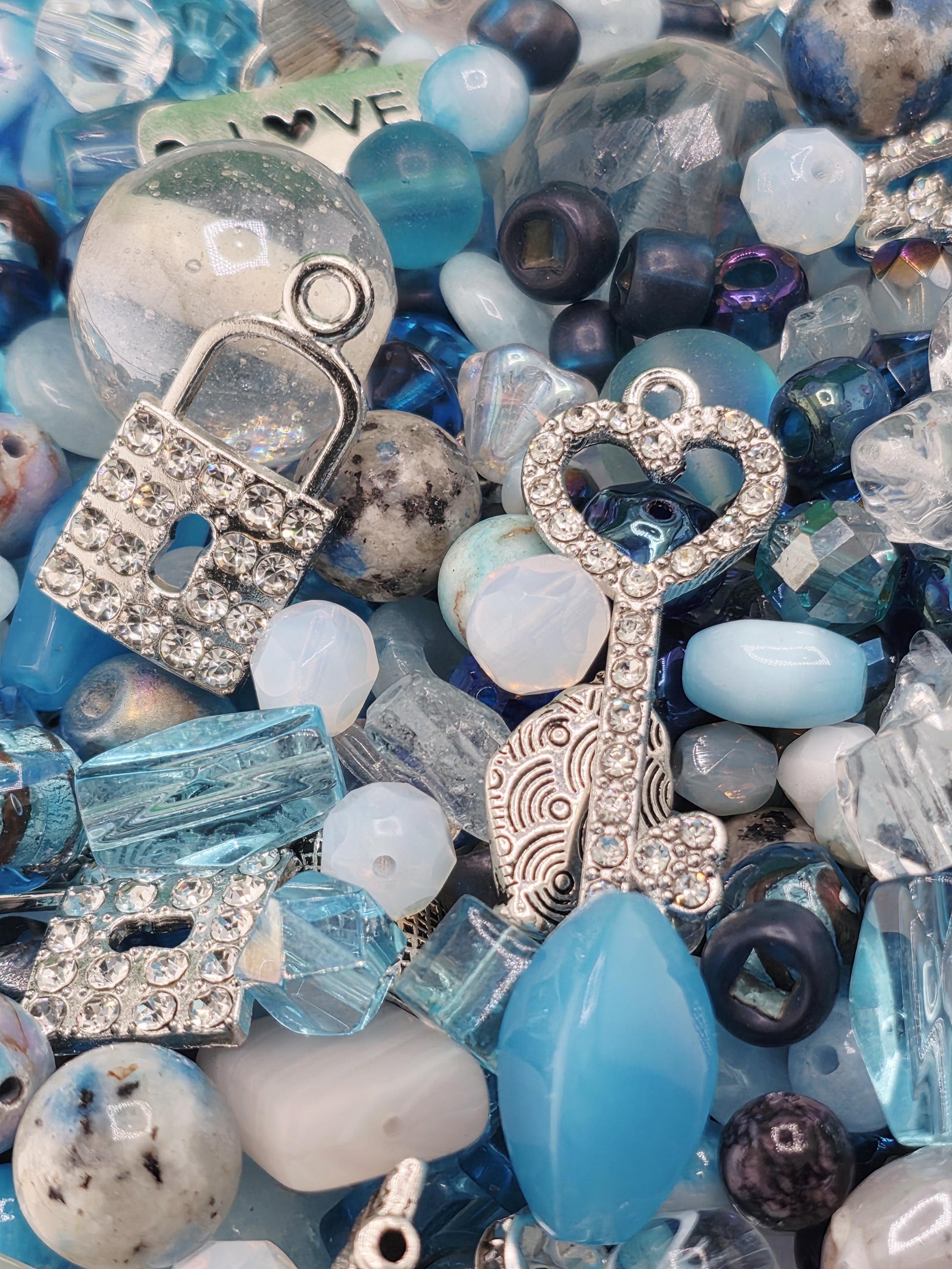 Zen Blue bead Mix. Glass, Gemstone and metal beads with alloy charms Blue and Aqua Shades (2oz Bead Set) | Jewelry Making Bracelet Supply