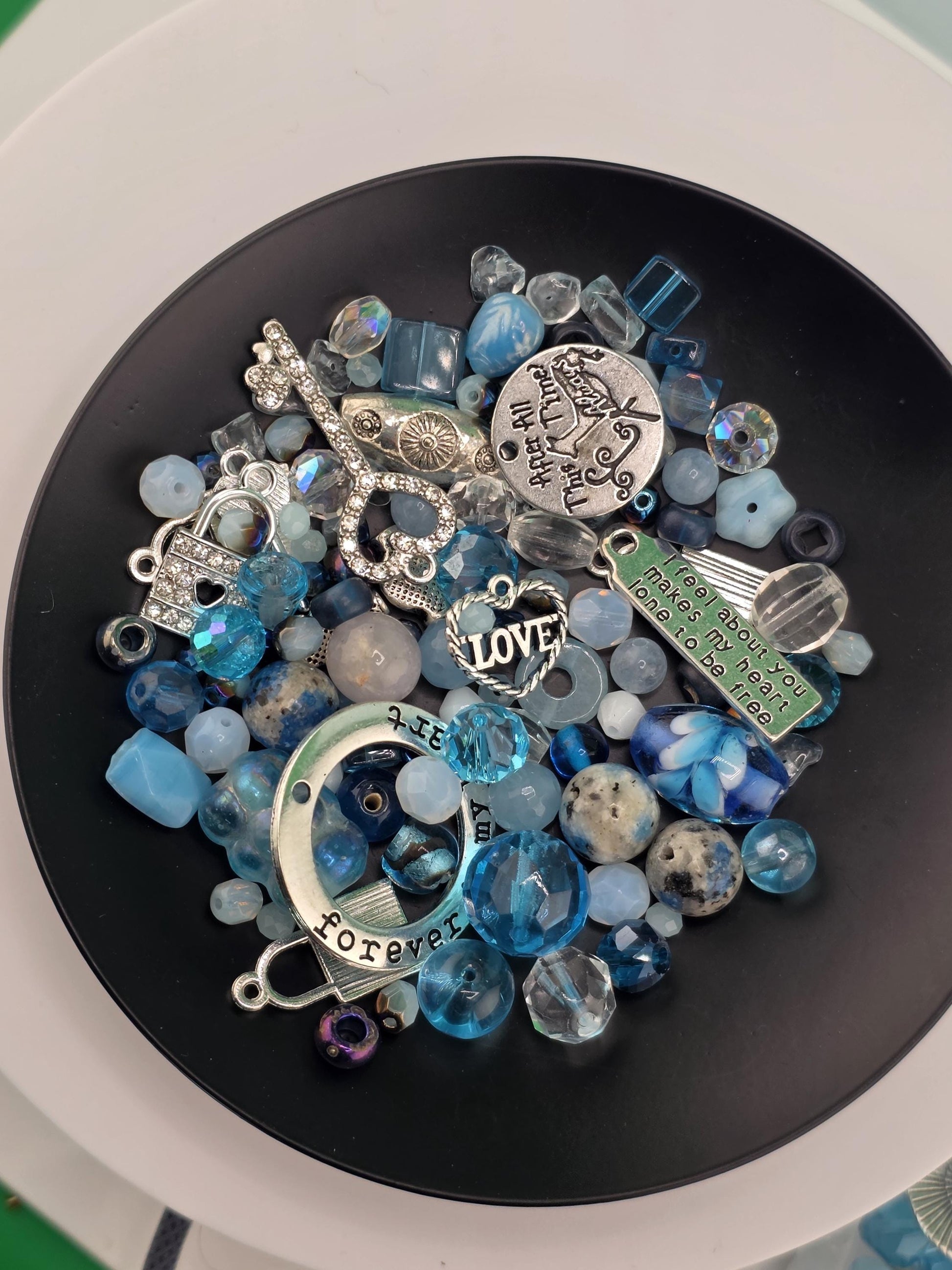 Zen Blue bead Mix. Glass, Gemstone and metal beads with alloy charms Blue and Aqua Shades (2oz Bead Set) | Jewelry Making Bracelet Supply