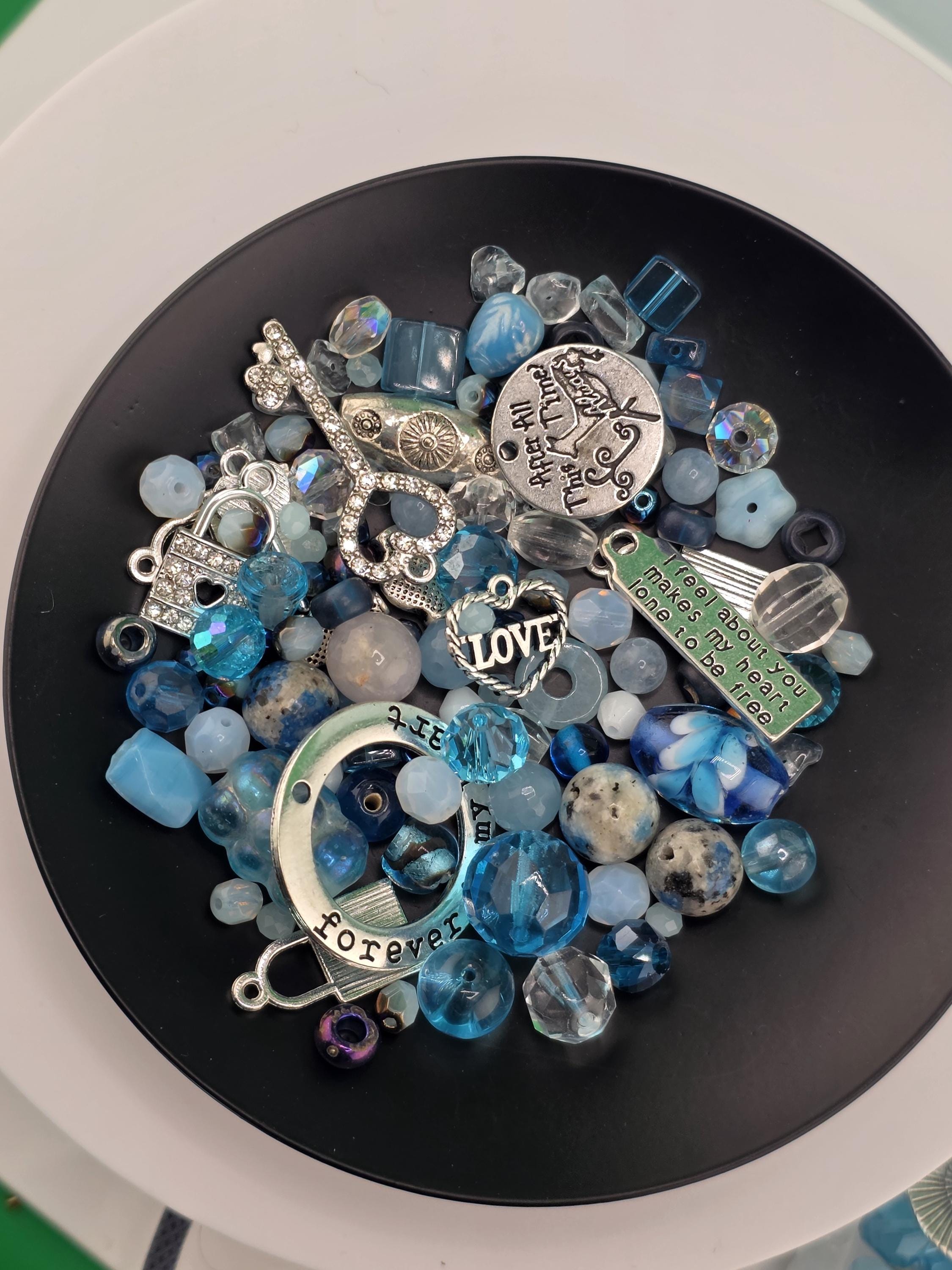 Zen Blue bead Mix. Glass, Gemstone and metal beads with alloy charms Blue and Aqua Shades (2oz Bead Set) | Jewelry Making Bracelet Supply