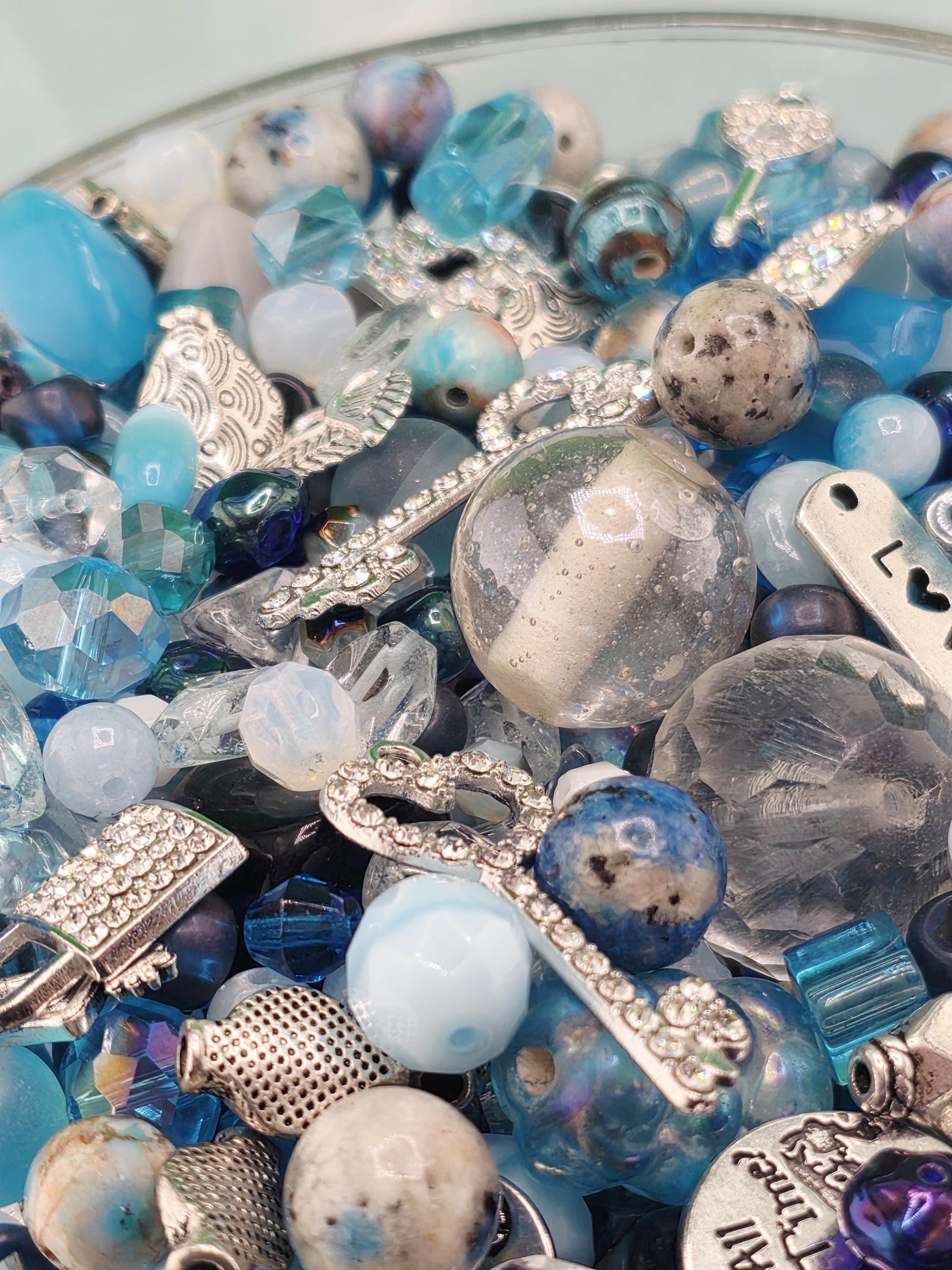 Zen Blue bead Mix. Glass, Gemstone and metal beads with alloy charms Blue and Aqua Shades (2oz Bead Set) | Jewelry Making Bracelet Supply