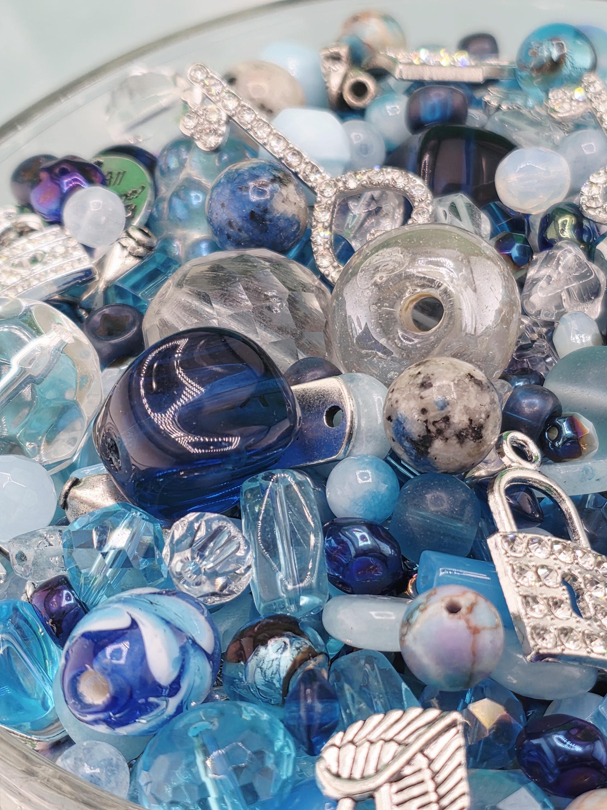Zen Blue bead Mix. Glass, Gemstone and metal beads with alloy charms Blue and Aqua Shades (2oz Bead Set) | Jewelry Making Bracelet Supply