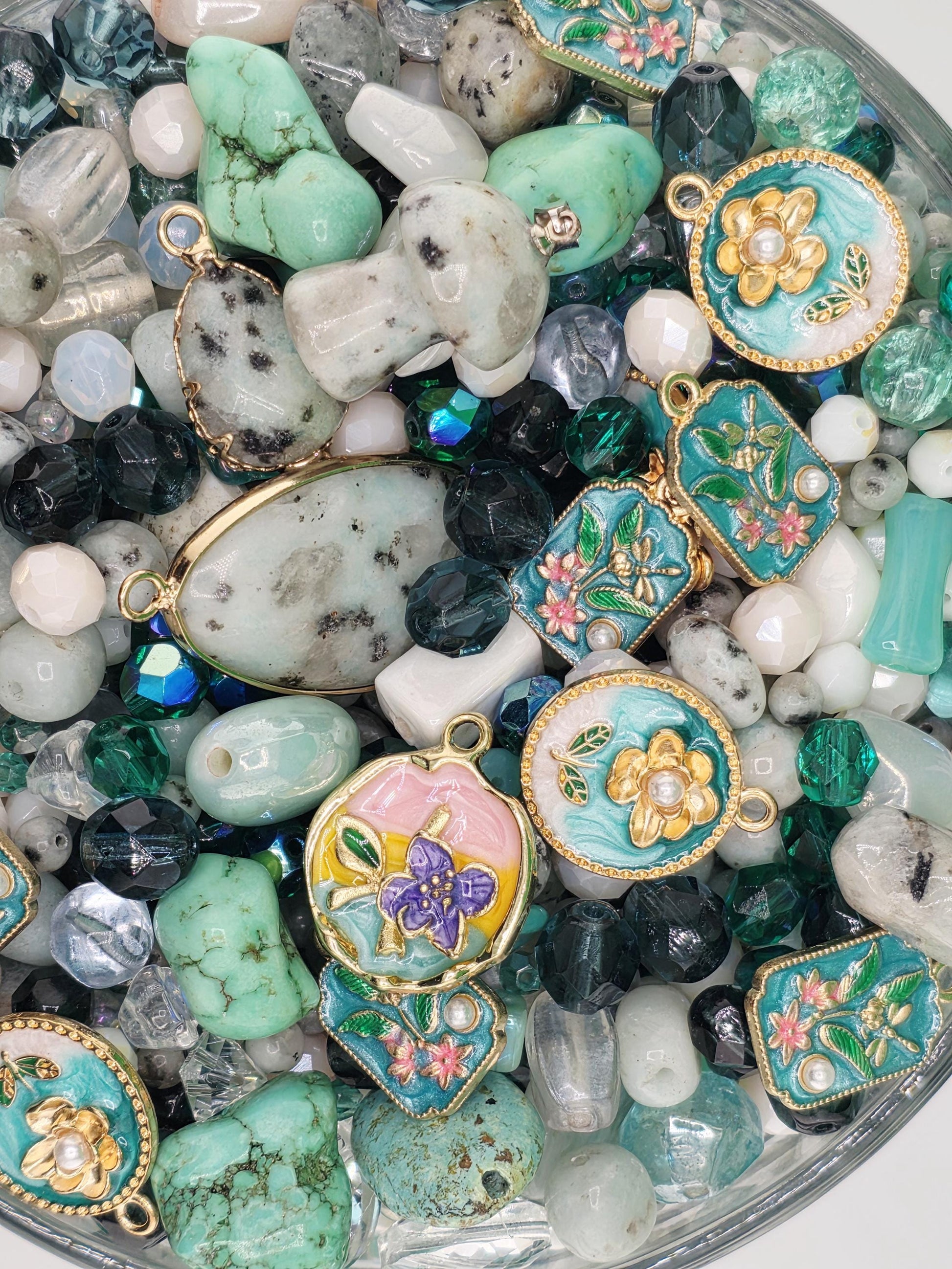 Gemstone, glass and mixed metal beads and charm mix "kiwi be friends" 2oz package | Jewelry Making Bracelet Supply | Learise Curated Mix