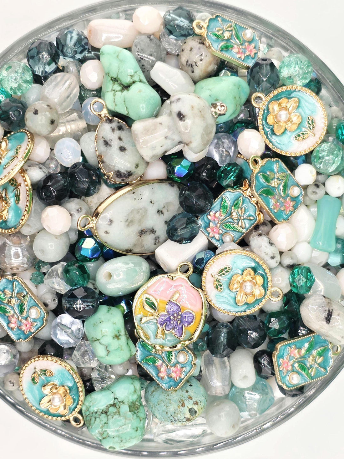 Gemstone, glass and mixed metal beads and charm mix "kiwi be friends" 2oz package | Jewelry Making Bracelet Supply | Learise Curated Mix
