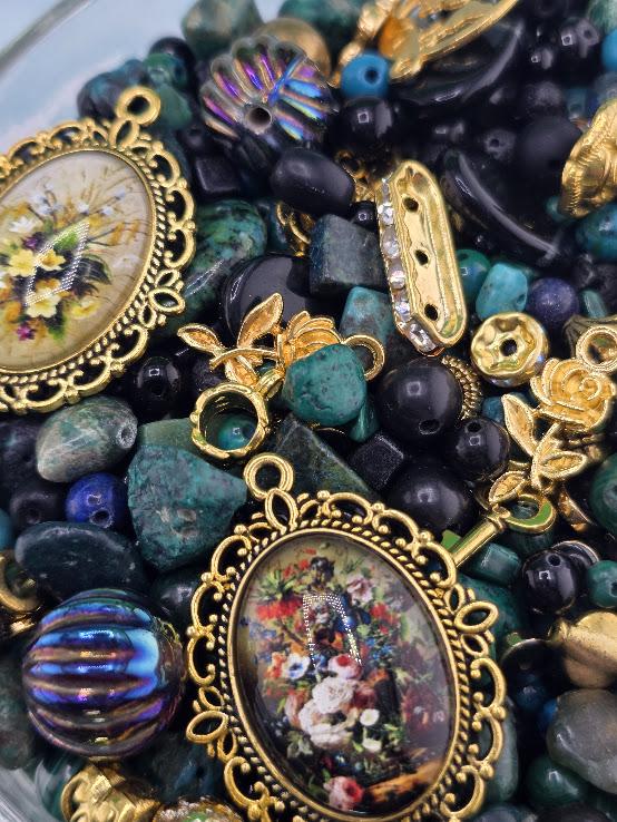 Mixed Gemstone and Glass Mix "To have and Bead-hold" with matching botanical theme charms and metal beads (2oz Jewelry Supply)