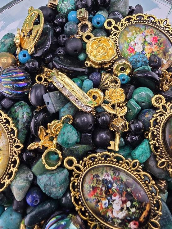 Mixed Gemstone and Glass Mix "To have and Bead-hold" with matching botanical theme charms and metal beads (2oz Jewelry Supply)