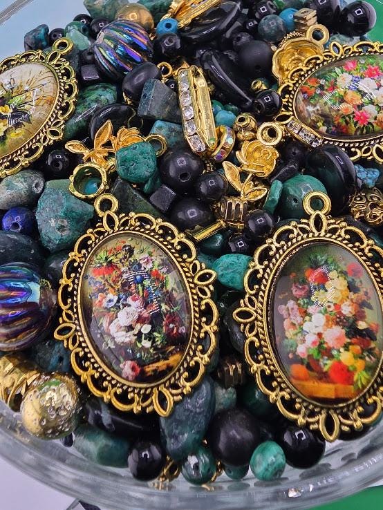 Mixed Gemstone and Glass Mix "To have and Bead-hold" with matching botanical theme charms and metal beads (2oz Jewelry Supply)