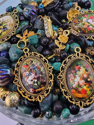 Mixed Gemstone and Glass Mix "To have and Bead-hold" with matching botanical theme charms and metal beads (2oz Jewelry Supply)