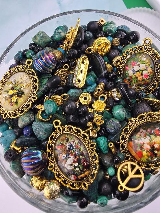Mixed Gemstone and Glass Mix "To have and Bead-hold" with matching botanical theme charms and metal beads (2oz Jewelry Supply)