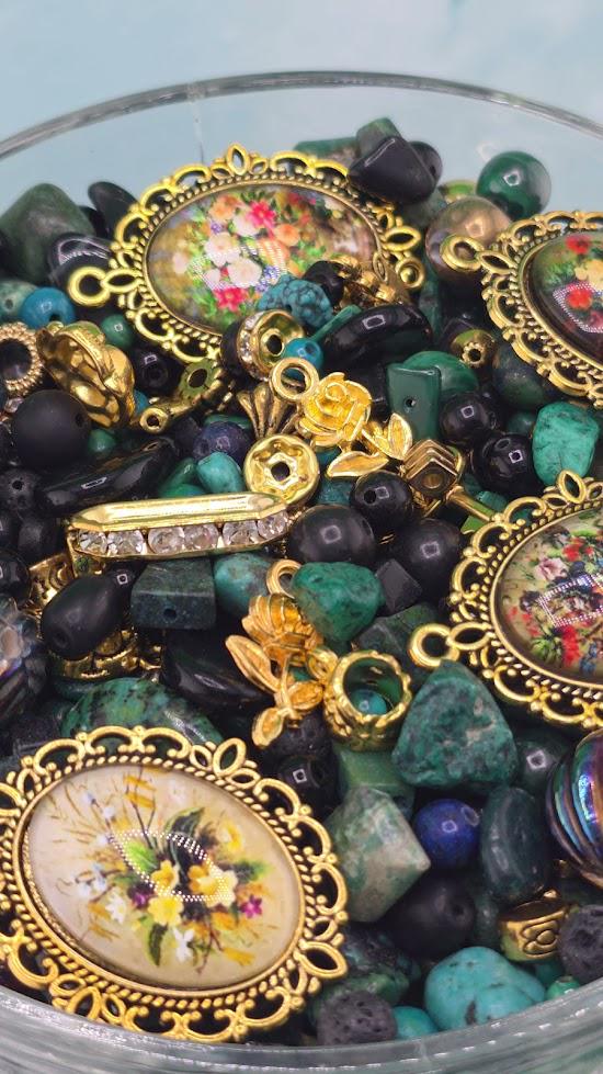 Mixed Gemstone and Glass Mix "To have and Bead-hold" with matching botanical theme charms and metal beads (2oz Jewelry Supply)