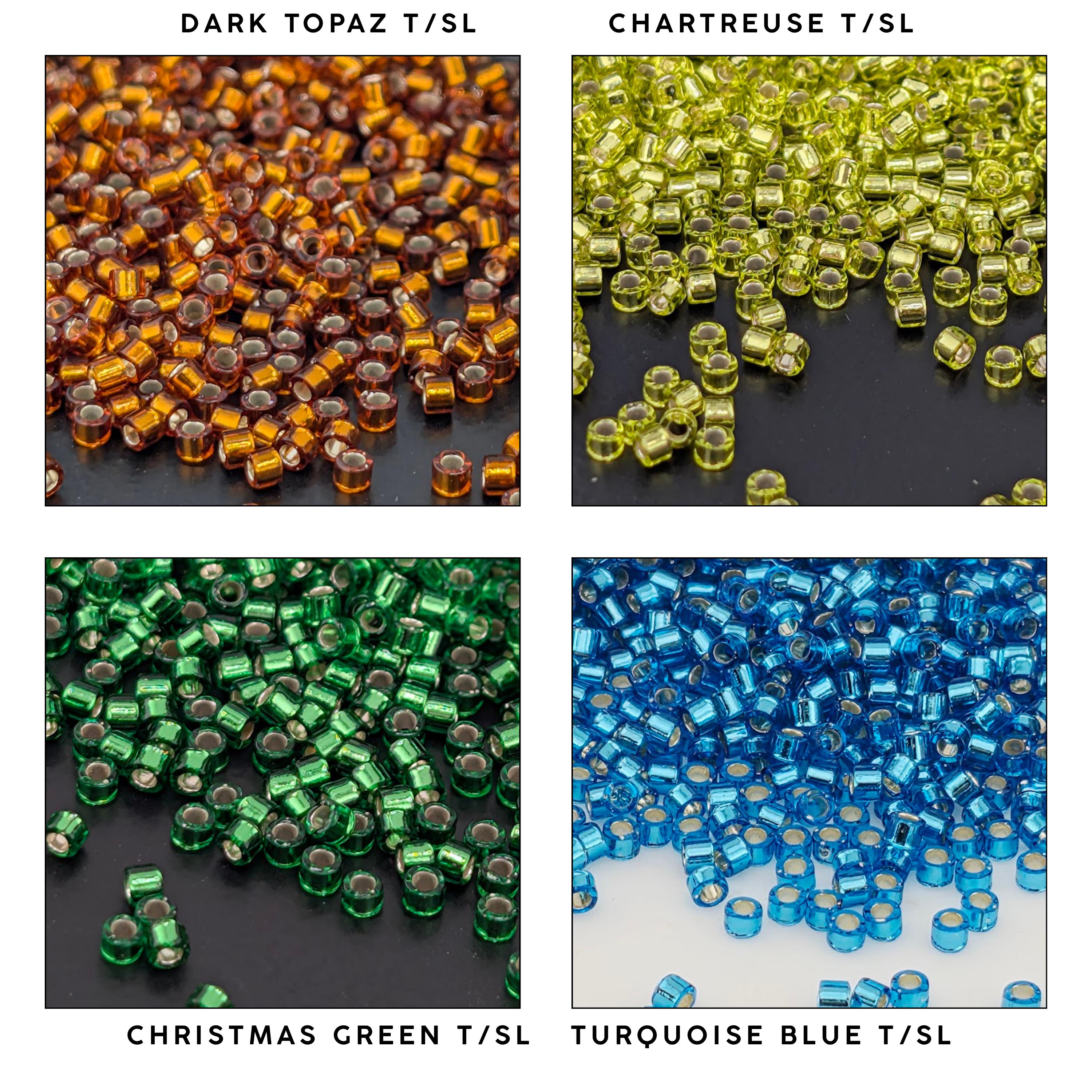 four different piles of colored beads, each with a distinct color and pattern. The piles are labeled as "Dark Topaz T/SL", "Chartreuse T/SL", "Christmas Green T/SL", and "Turquoise Blue T/SL".