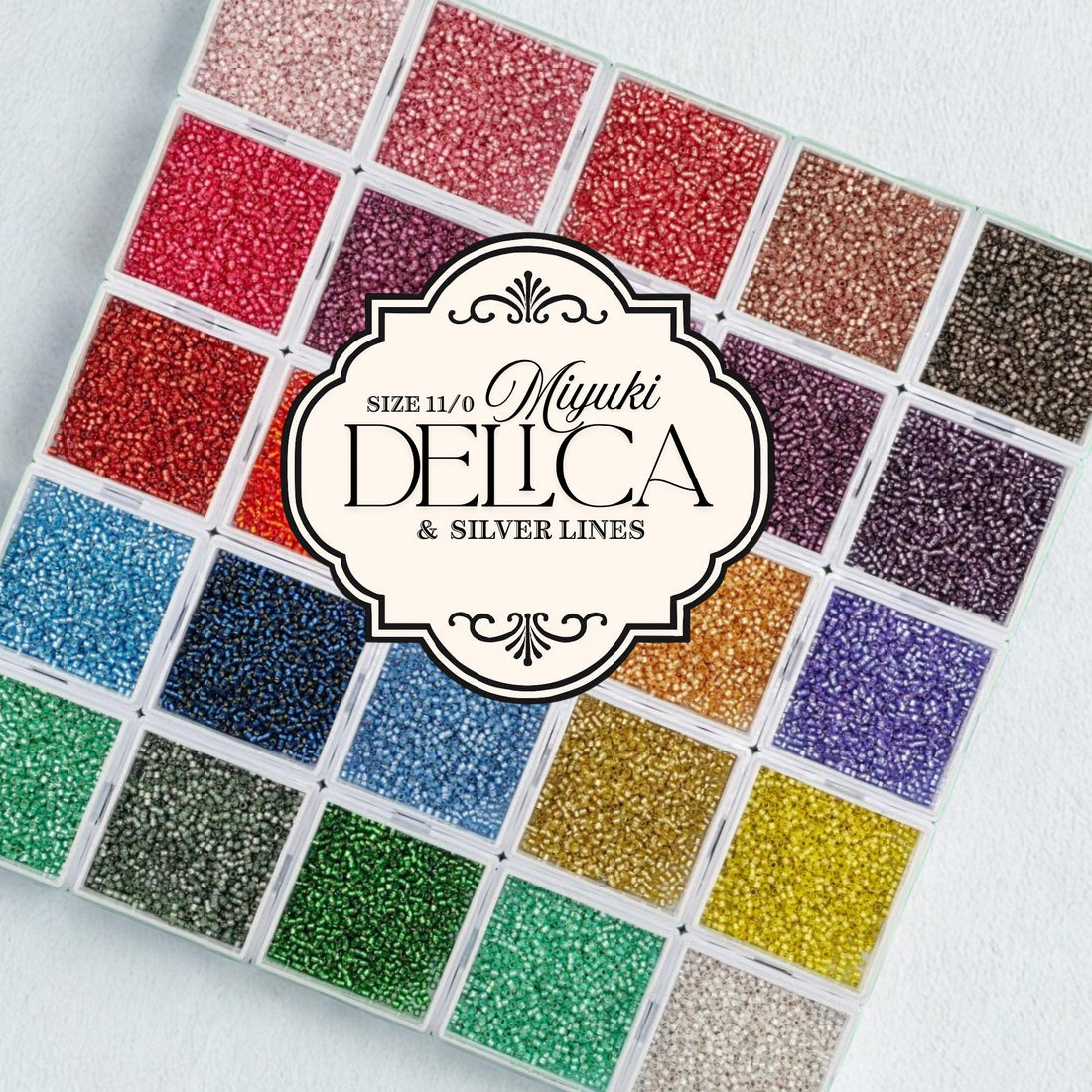A collection of colorful beads in various sizes and colors, arranged in a grid-like pattern.