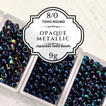 a collection of Japanese seed beads in various colors, including blue, green, and purple, arranged in three transparent containers.