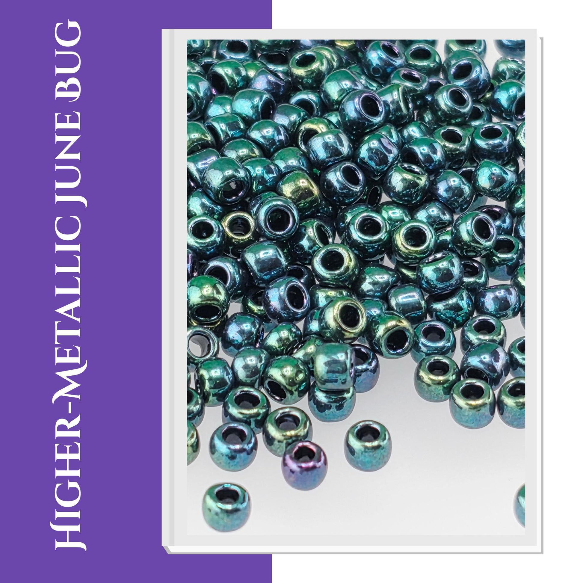 The image is a close-up of a pile of multicolored beads, including metallic and multicolored beads, scattered on a surface.