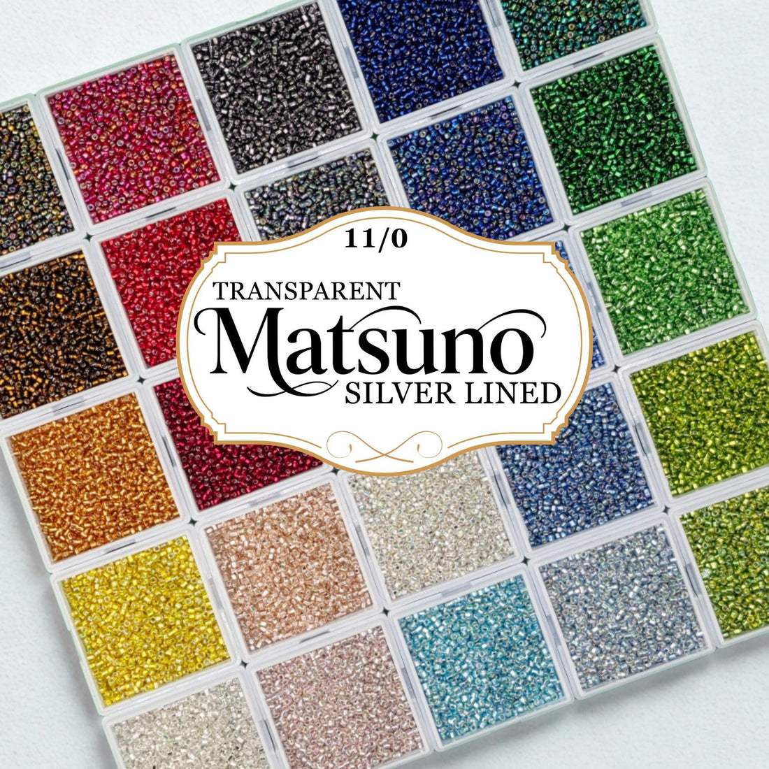 A collection of colorful beads in various shades, including red, blue, green, yellow, orange, and pink, arranged in a grid-like pattern.
